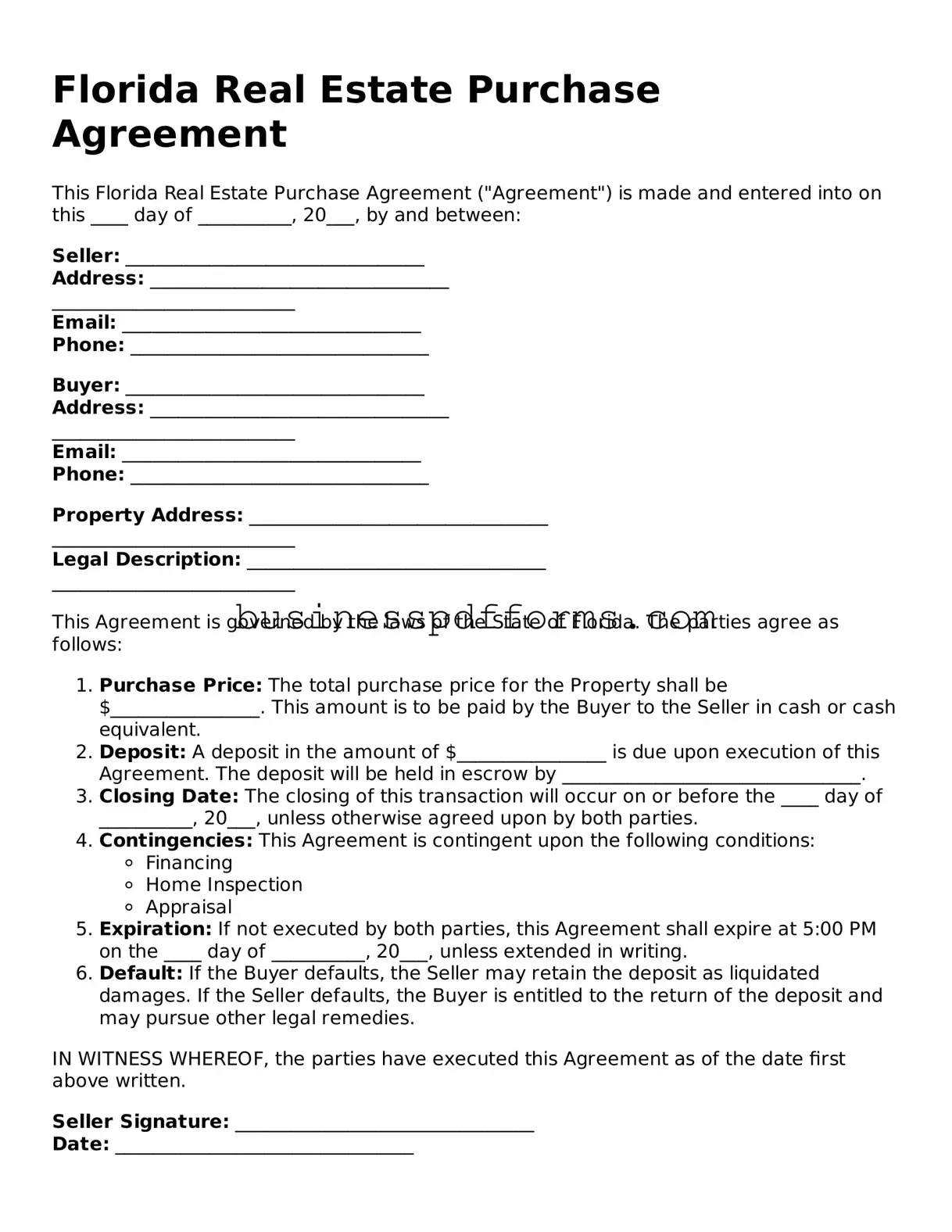 Free Florida Real Estate Purchase Agreement Template