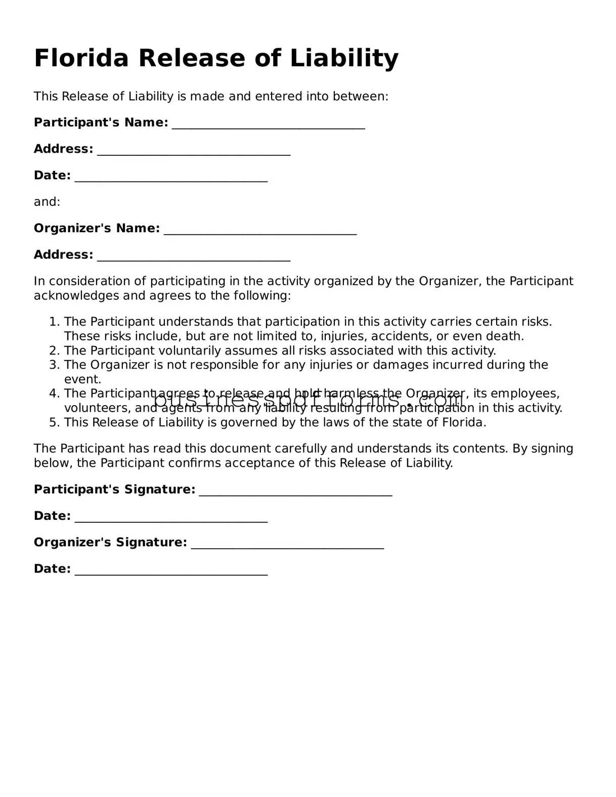 Free Florida Release of Liability Template