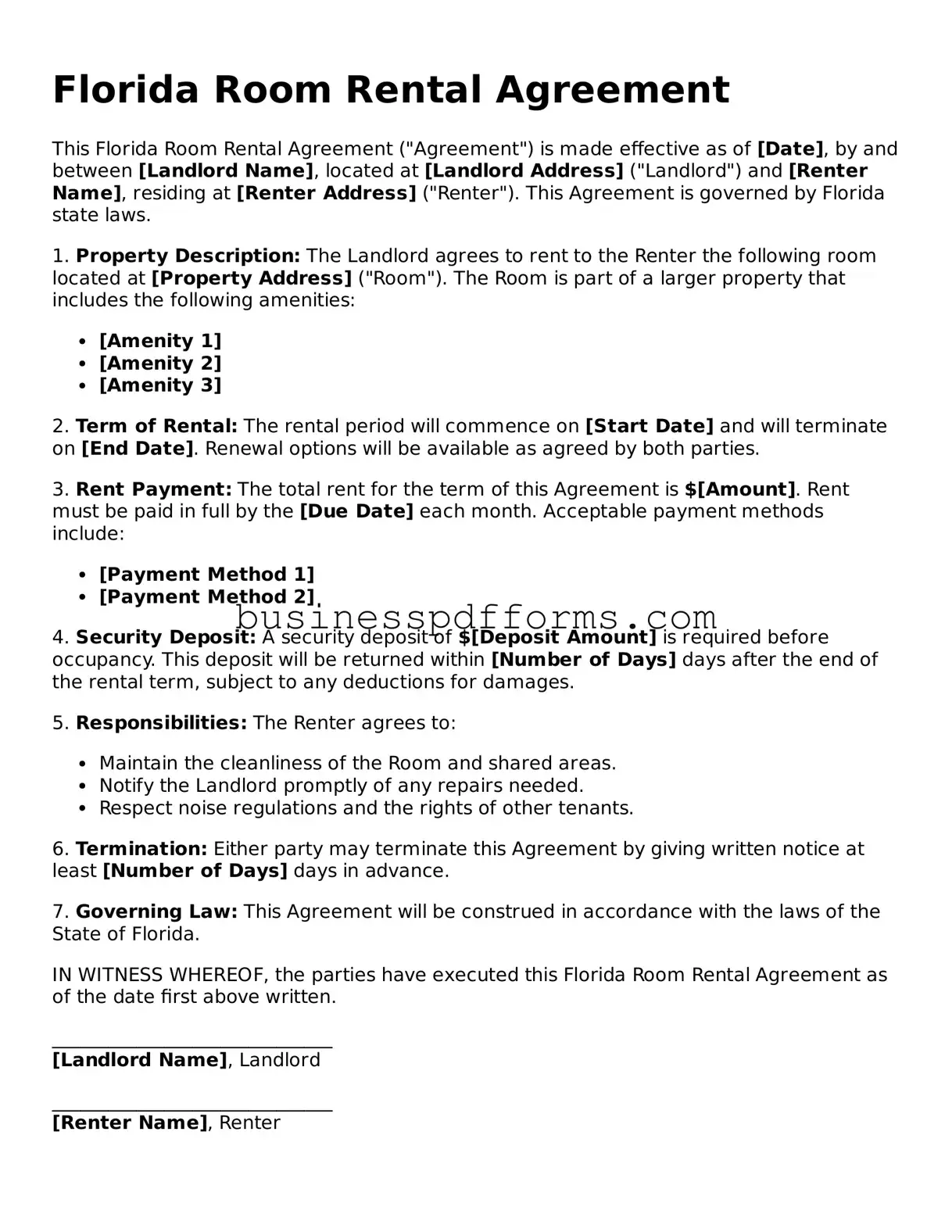 Free Florida Room Rental Agreement Template