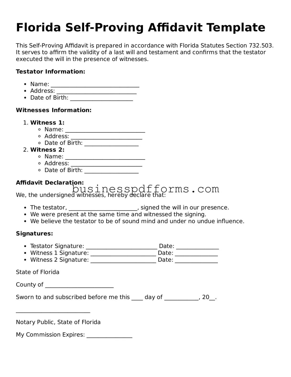 Free Florida Self-Proving Affidavit Template