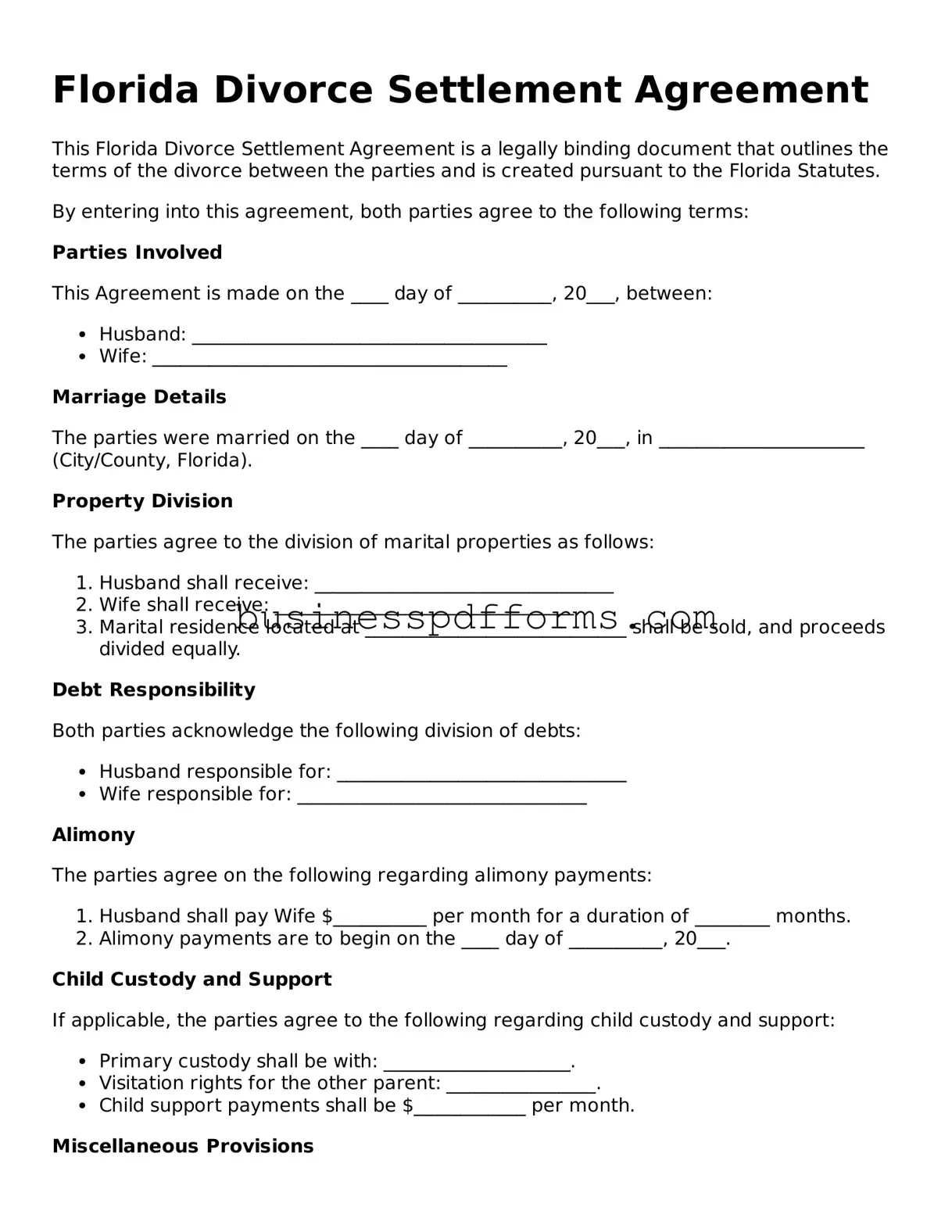 Free Florida Divorce Settlement Agreement Template