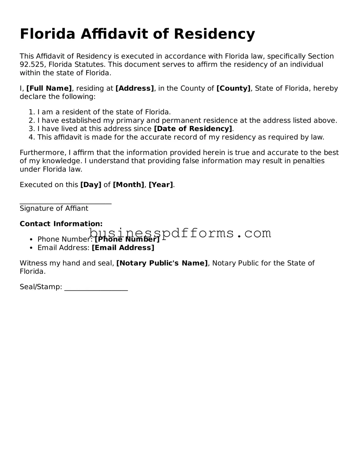 Free Florida Affidavit of Residency Template