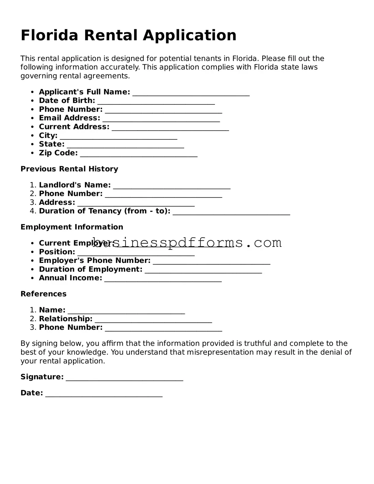 Free Florida Rental Application Template