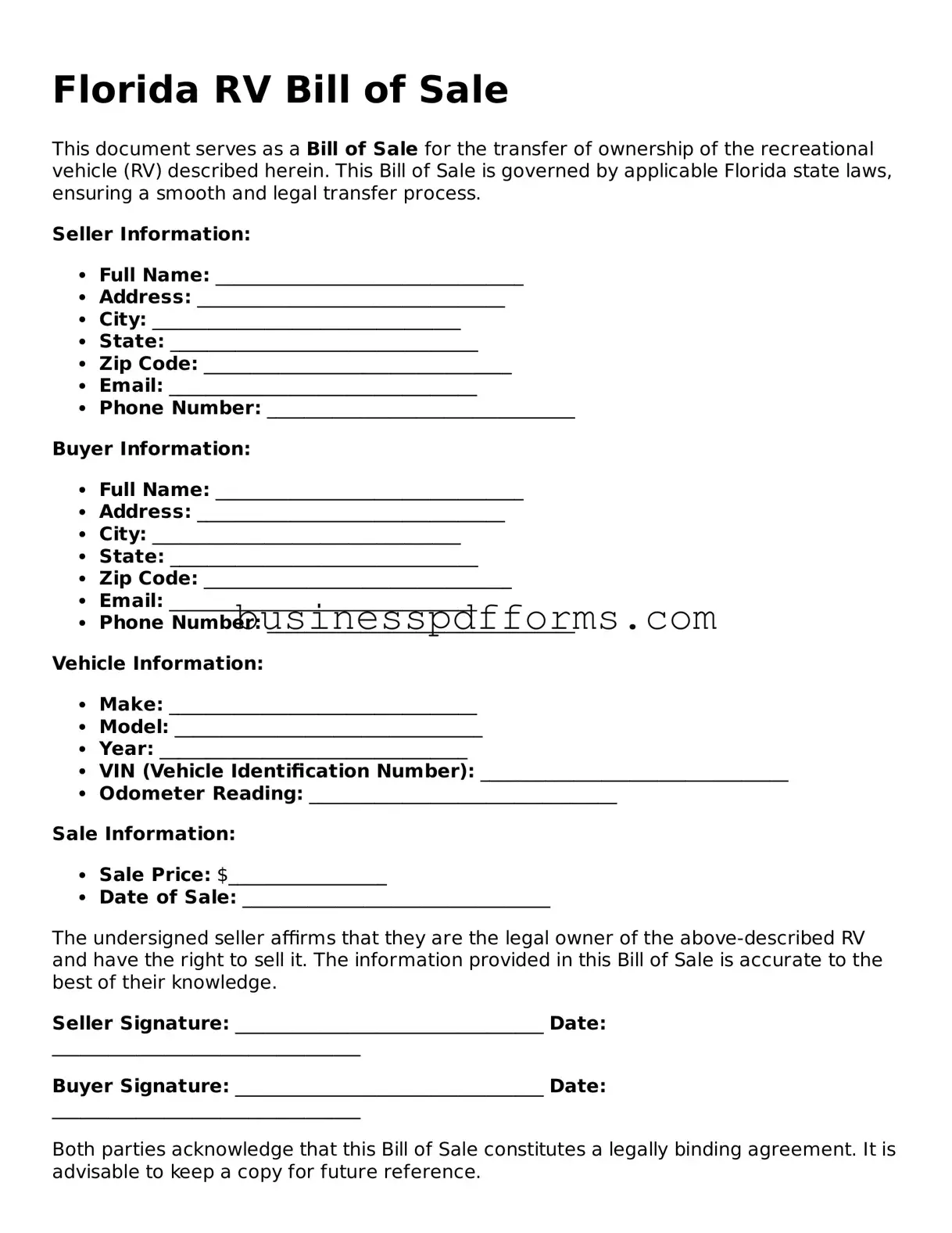 Free Florida RV Bill of Sale Template