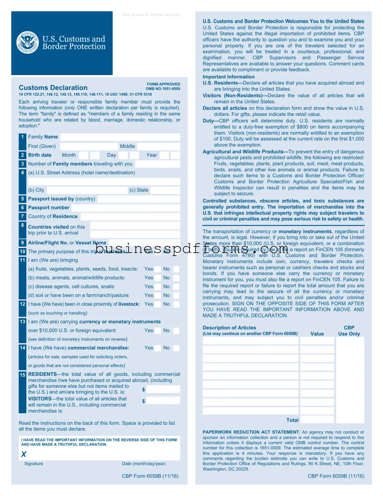 Fill in Your CBP 6059B Template