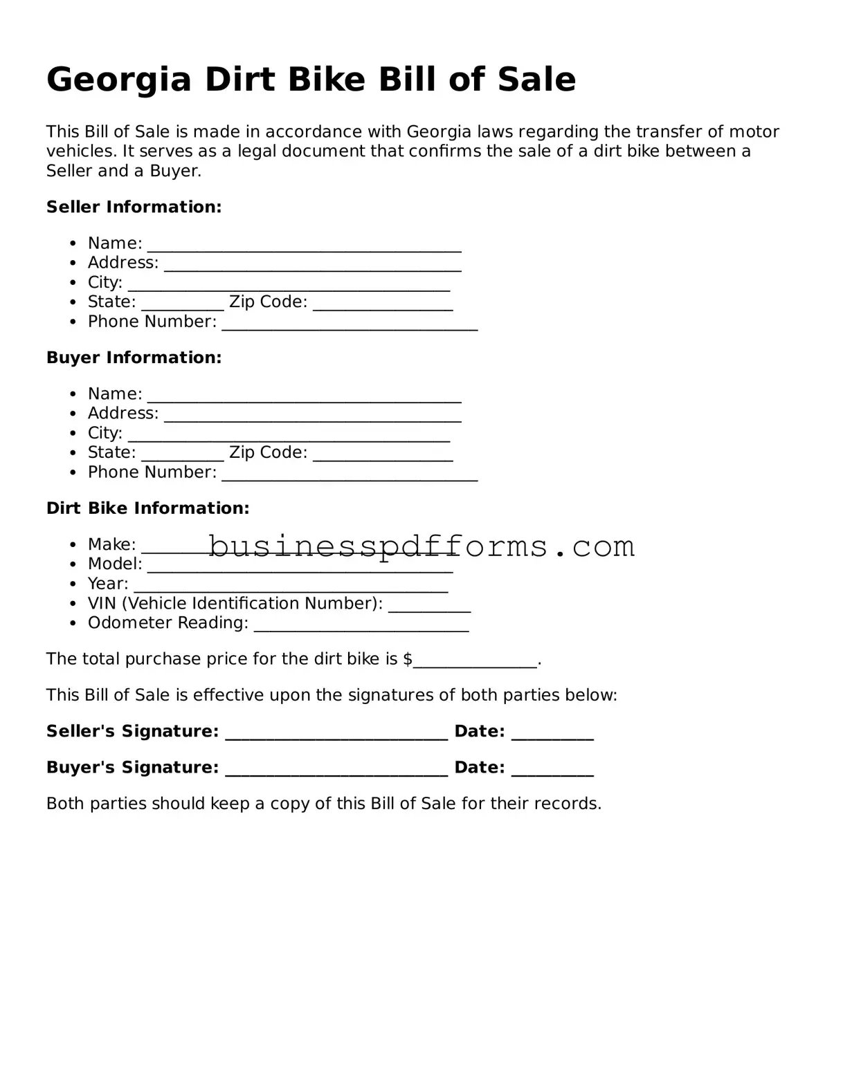 Free Georgia Dirt Bike Bill of Sale Template