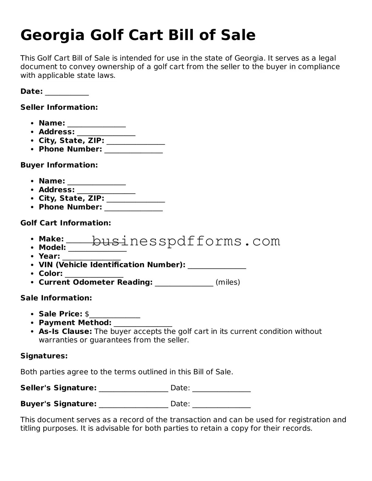 Free Georgia Golf Cart Bill of Sale Template