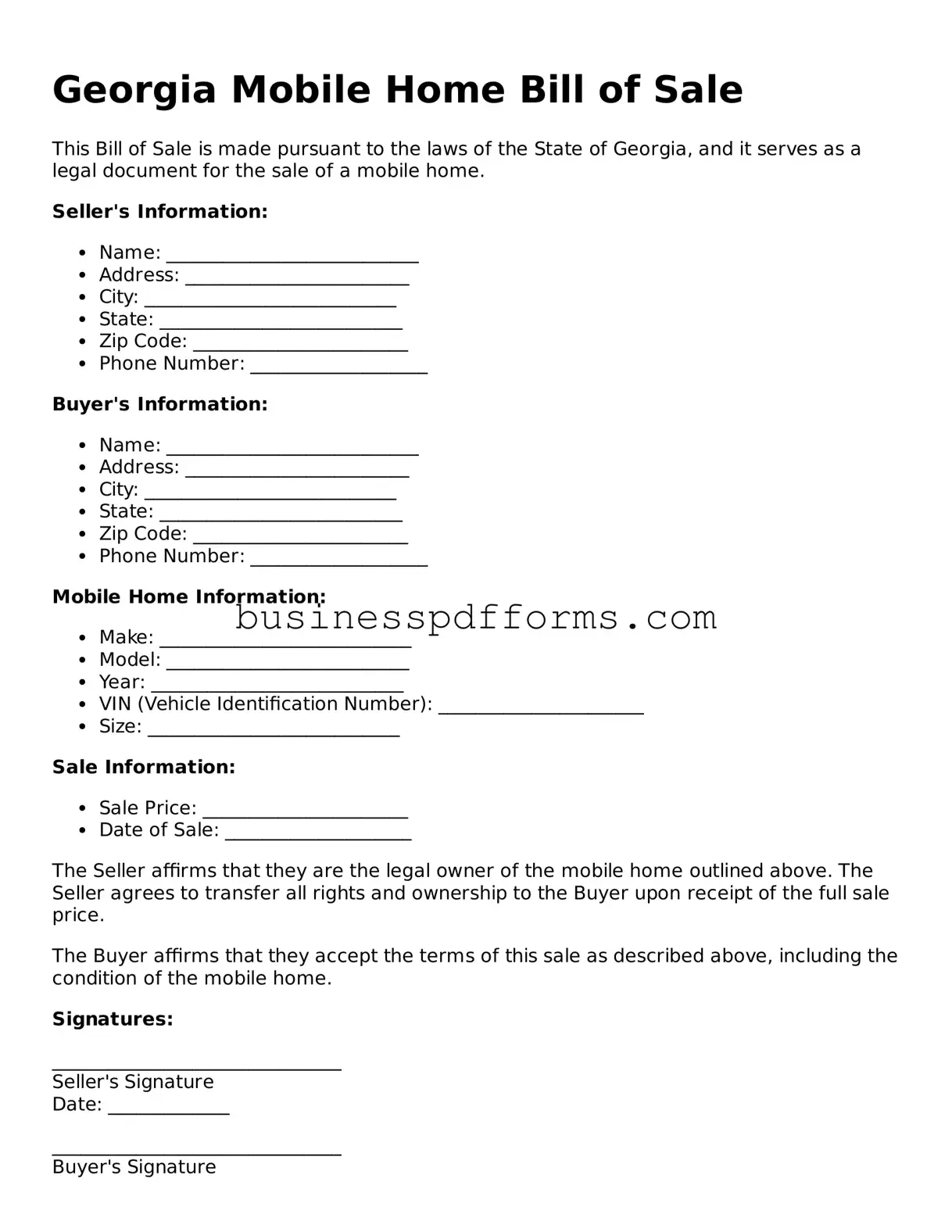 Free Georgia Mobile Home Bill of Sale Template
