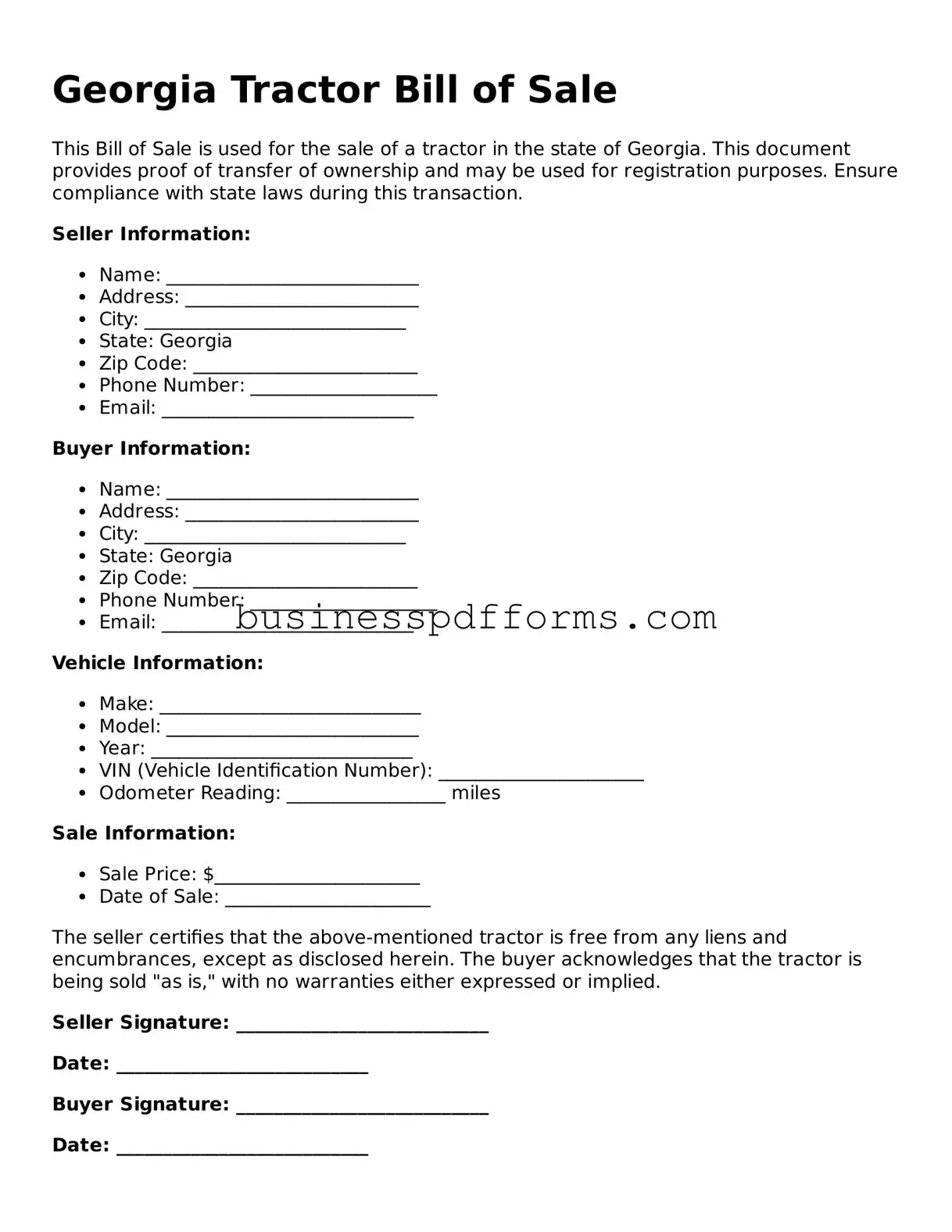 Free Georgia Tractor Bill of Sale Template