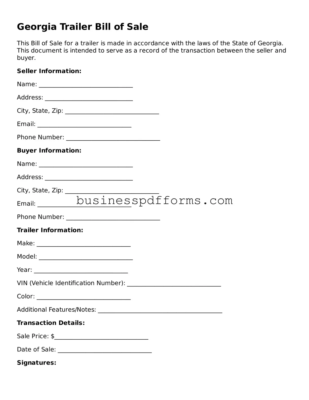 Free Georgia Trailer Bill of Sale Template