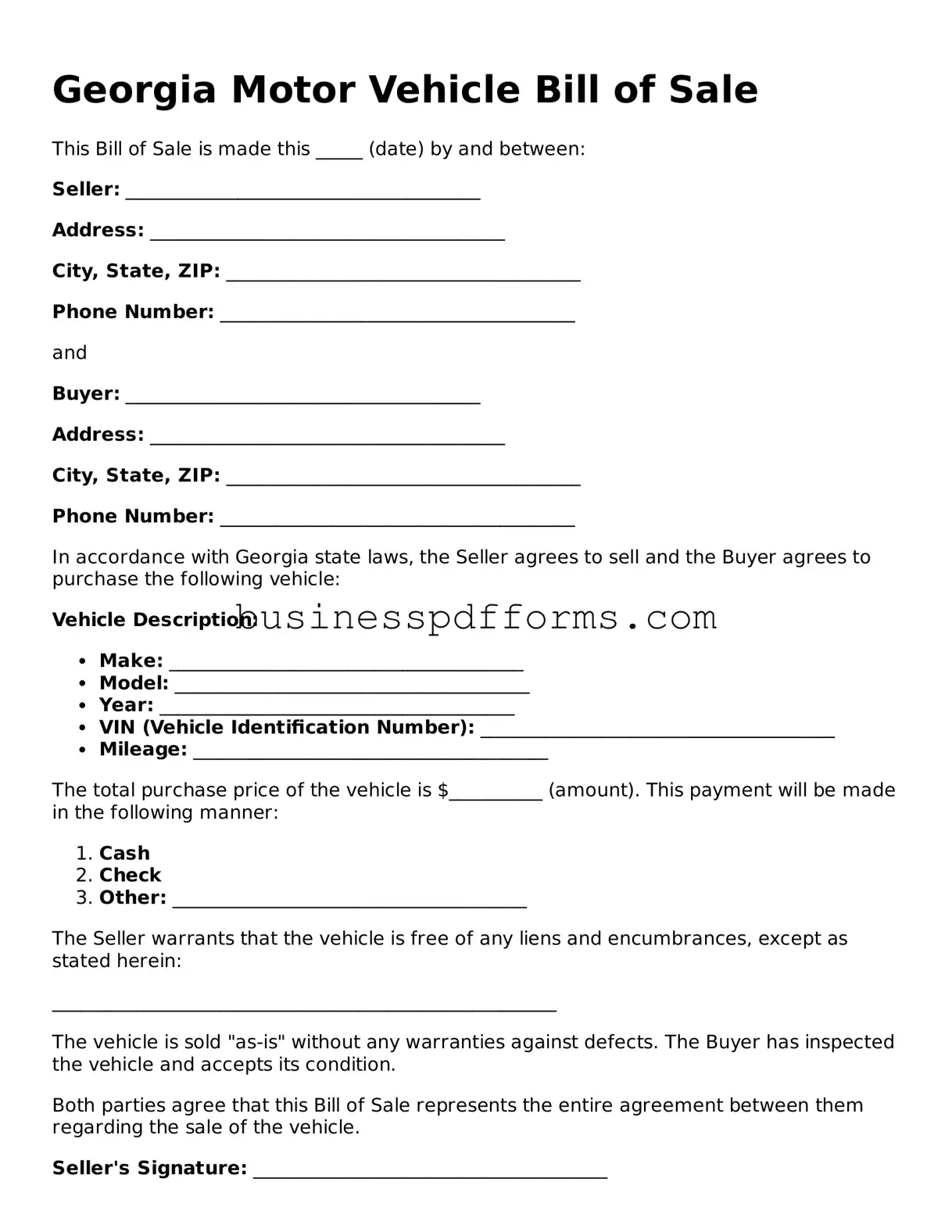 Free Georgia Motor Vehicle Bill of Sale Template