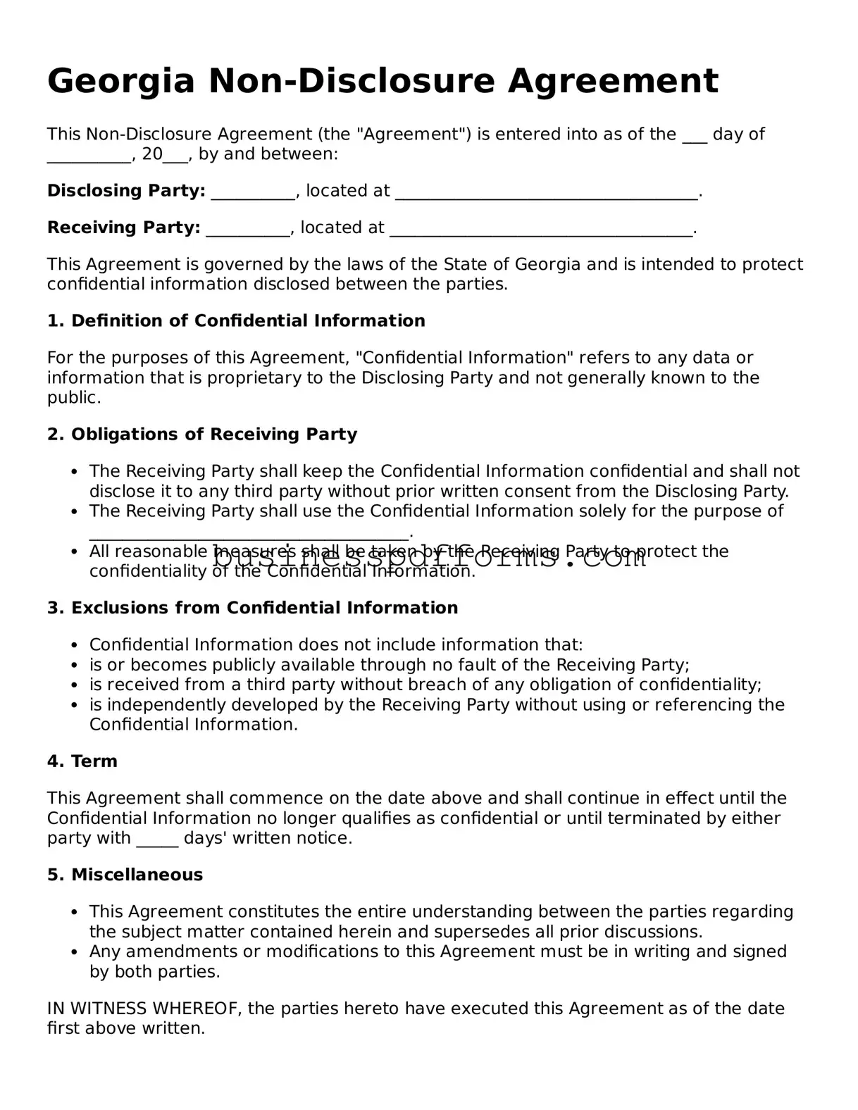 Free Georgia Non-disclosure Agreement Template