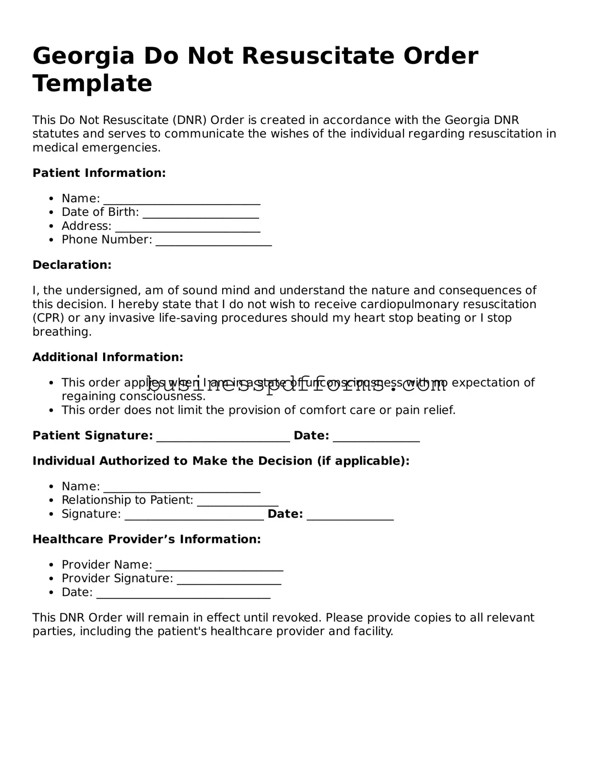 Free Georgia Do Not Resuscitate Order Template