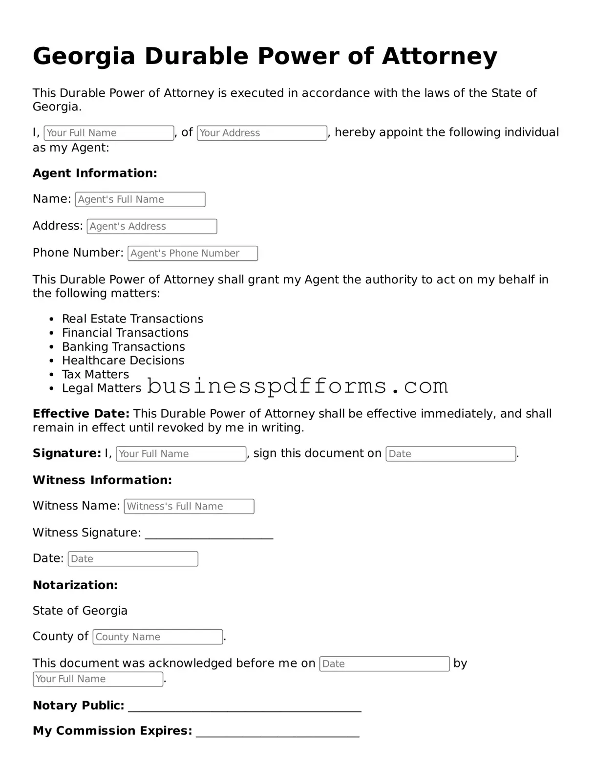 Free Georgia Durable Power of Attorney Template