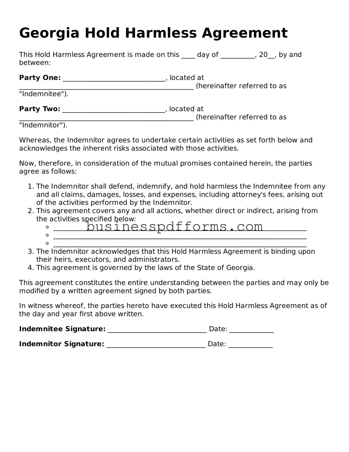 Free Georgia Hold Harmless Agreement Template