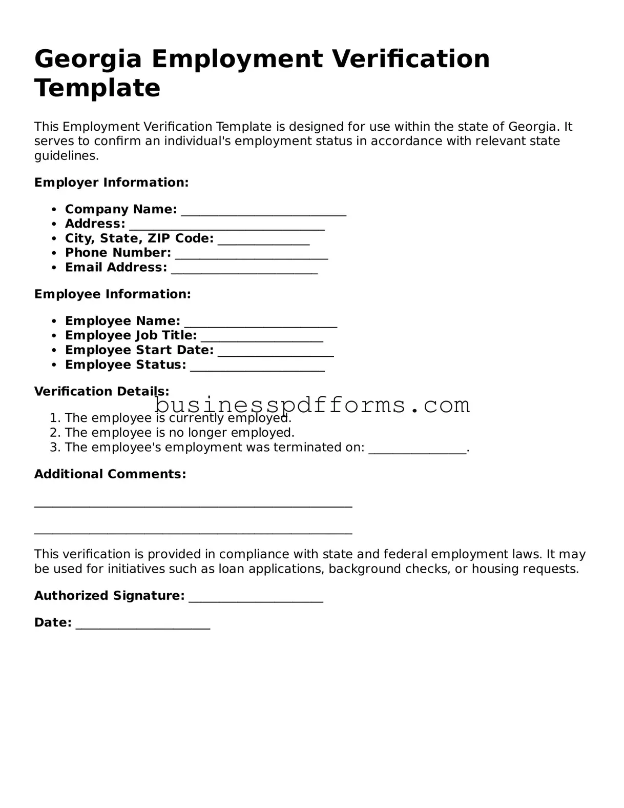 Free Georgia Employment Verification Template