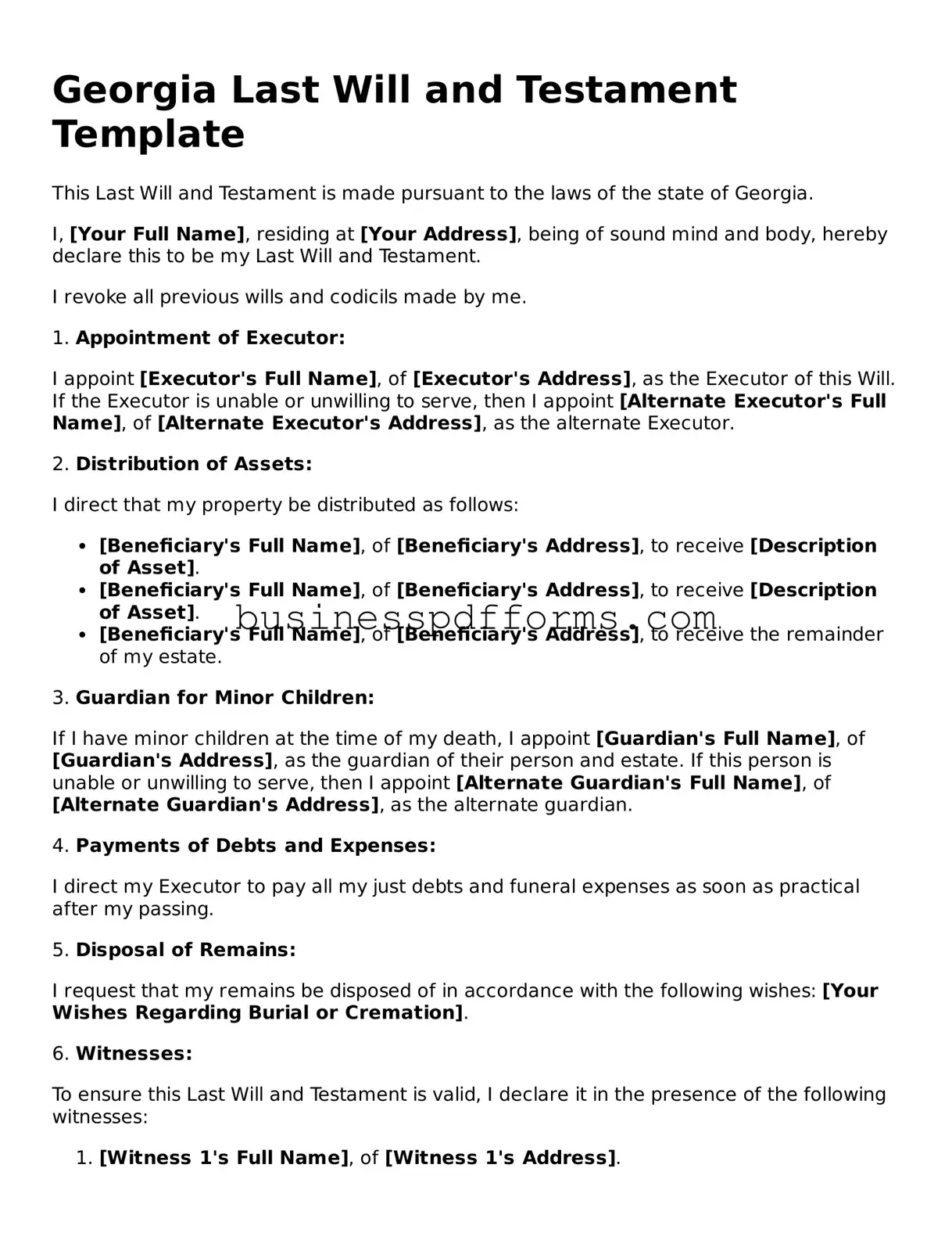 Free Georgia Last Will and Testament Template
