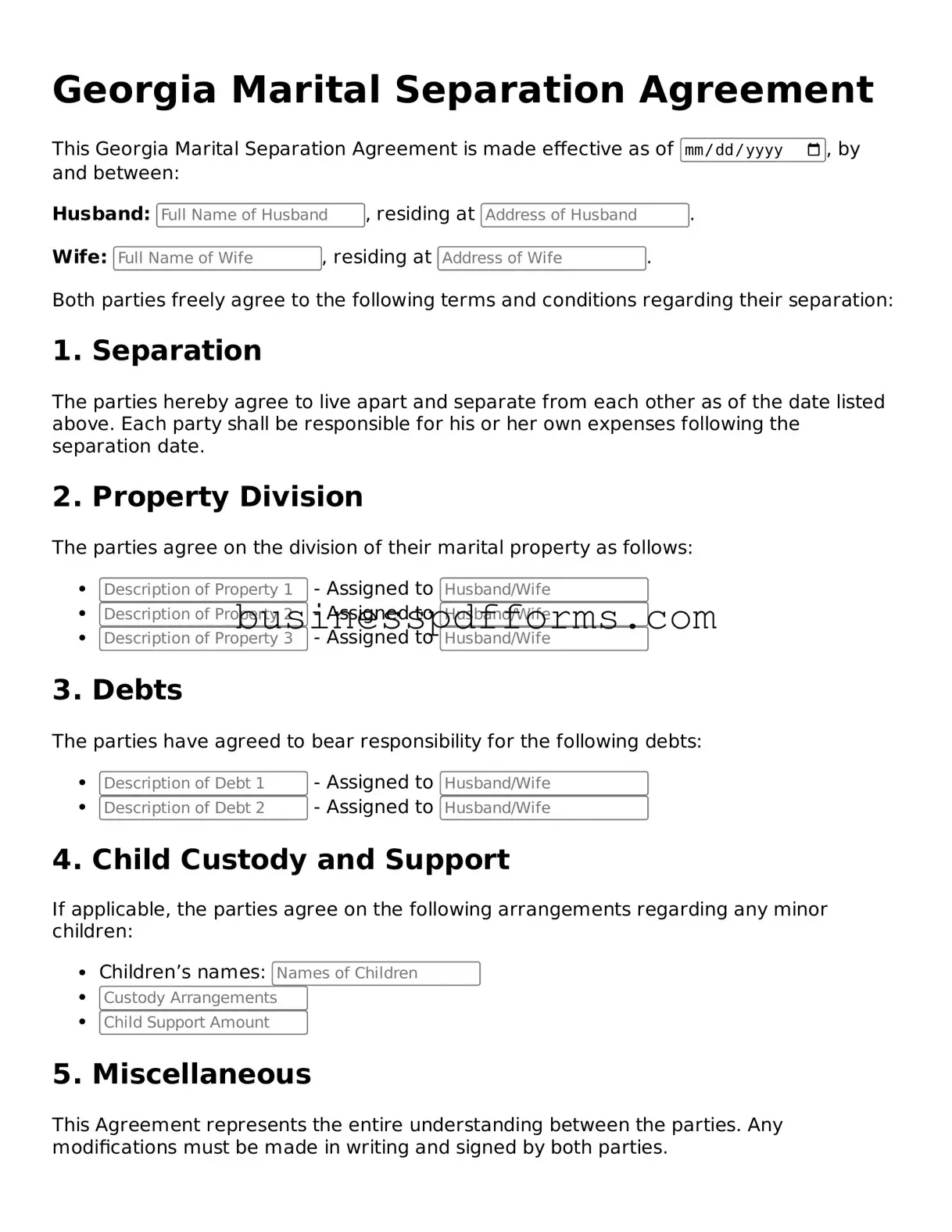 Free Georgia Marital Separation Agreement Template