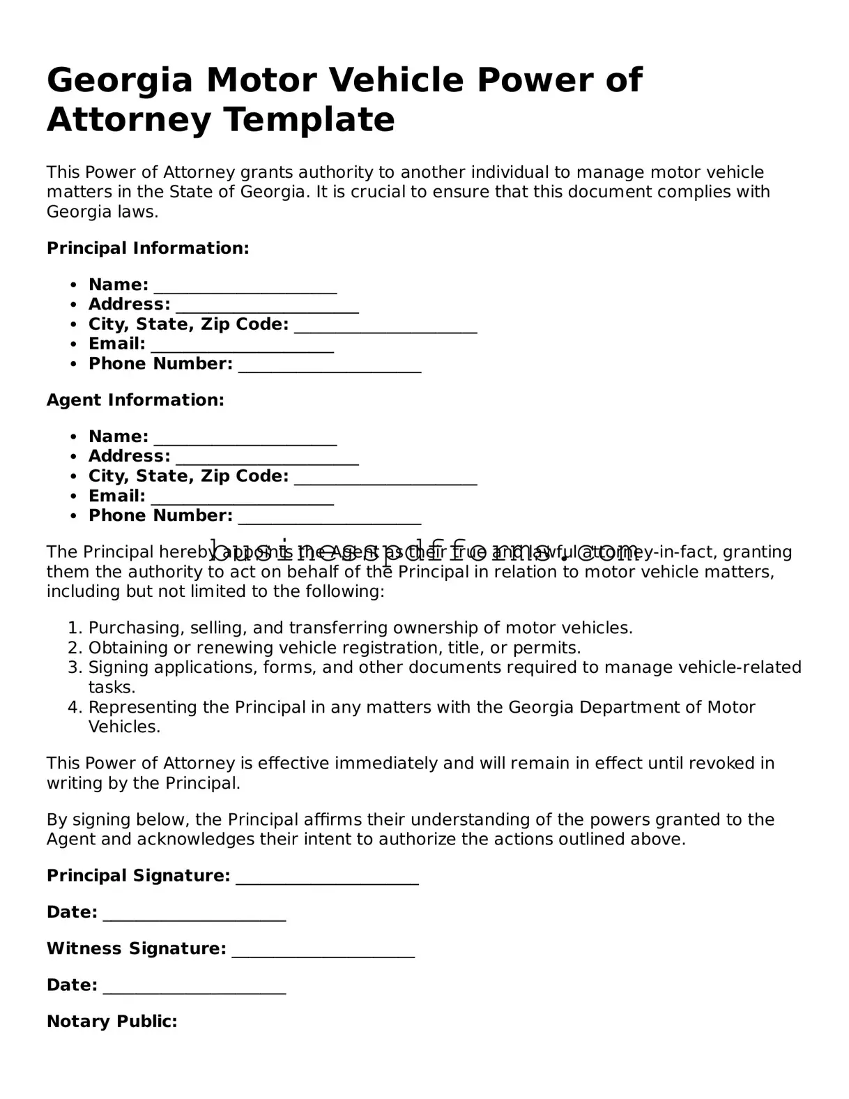 Free Georgia Motor Vehicle Power of Attorney Template