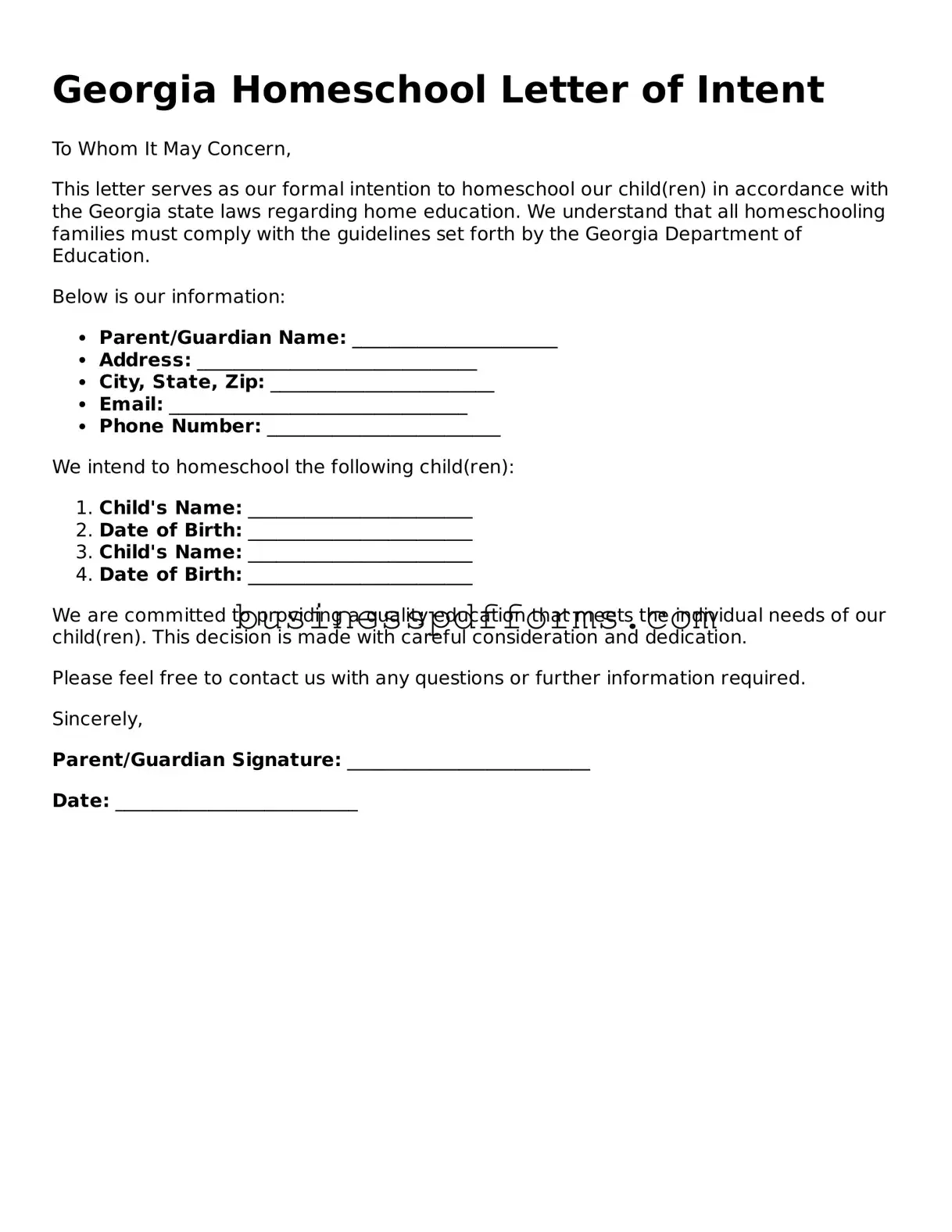 Free Georgia Homeschool Letter of Intent Template