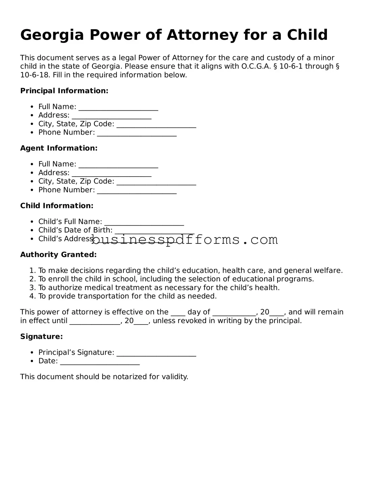 Free Georgia Power of Attorney for a Child Template