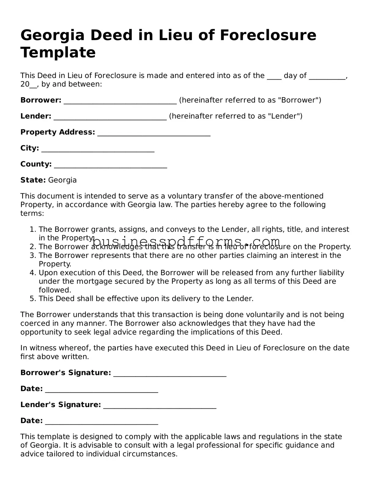 Free Georgia Deed in Lieu of Foreclosure Template