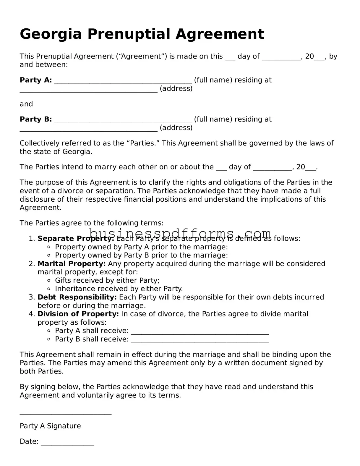 Free Georgia Prenuptial Agreement Template