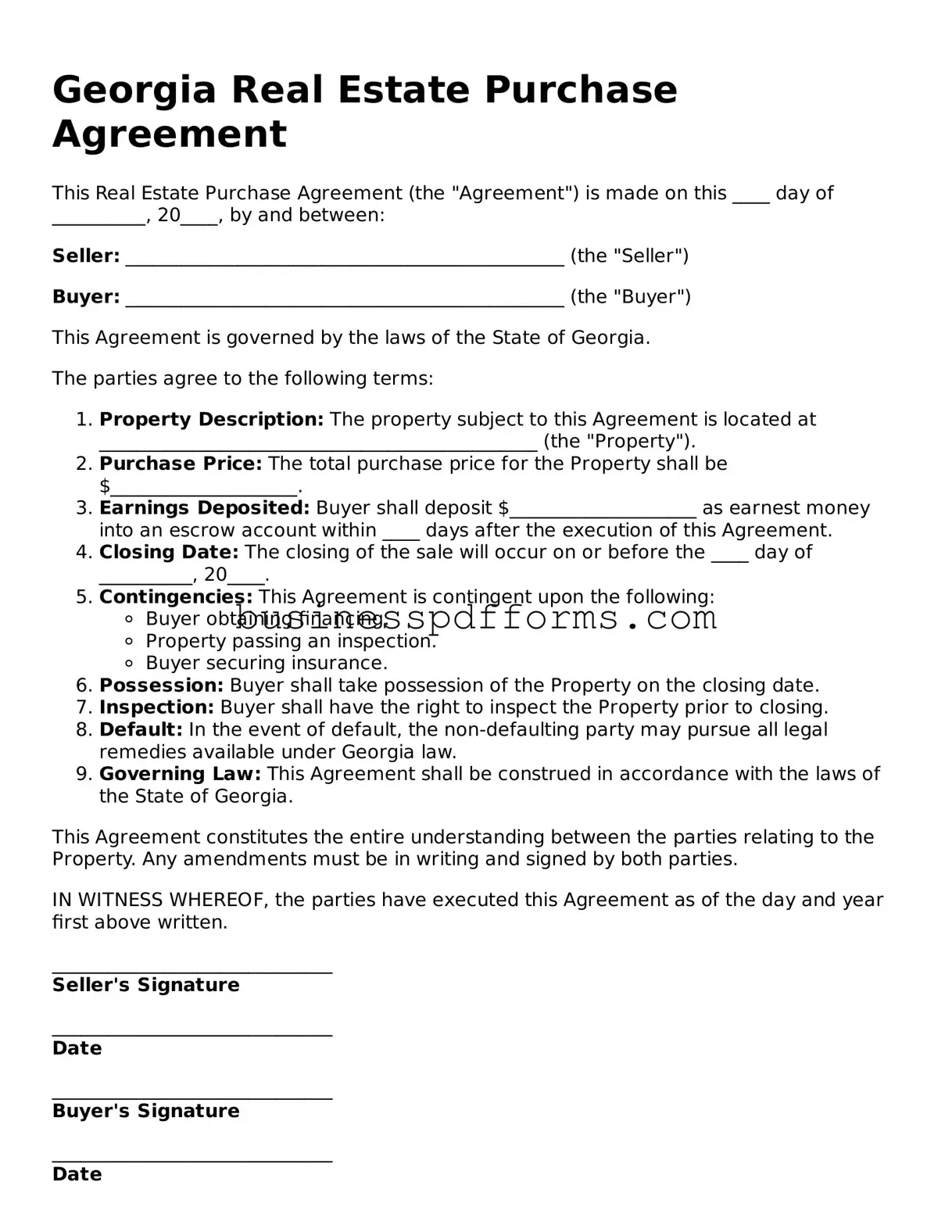 Free Georgia Real Estate Purchase Agreement Template
