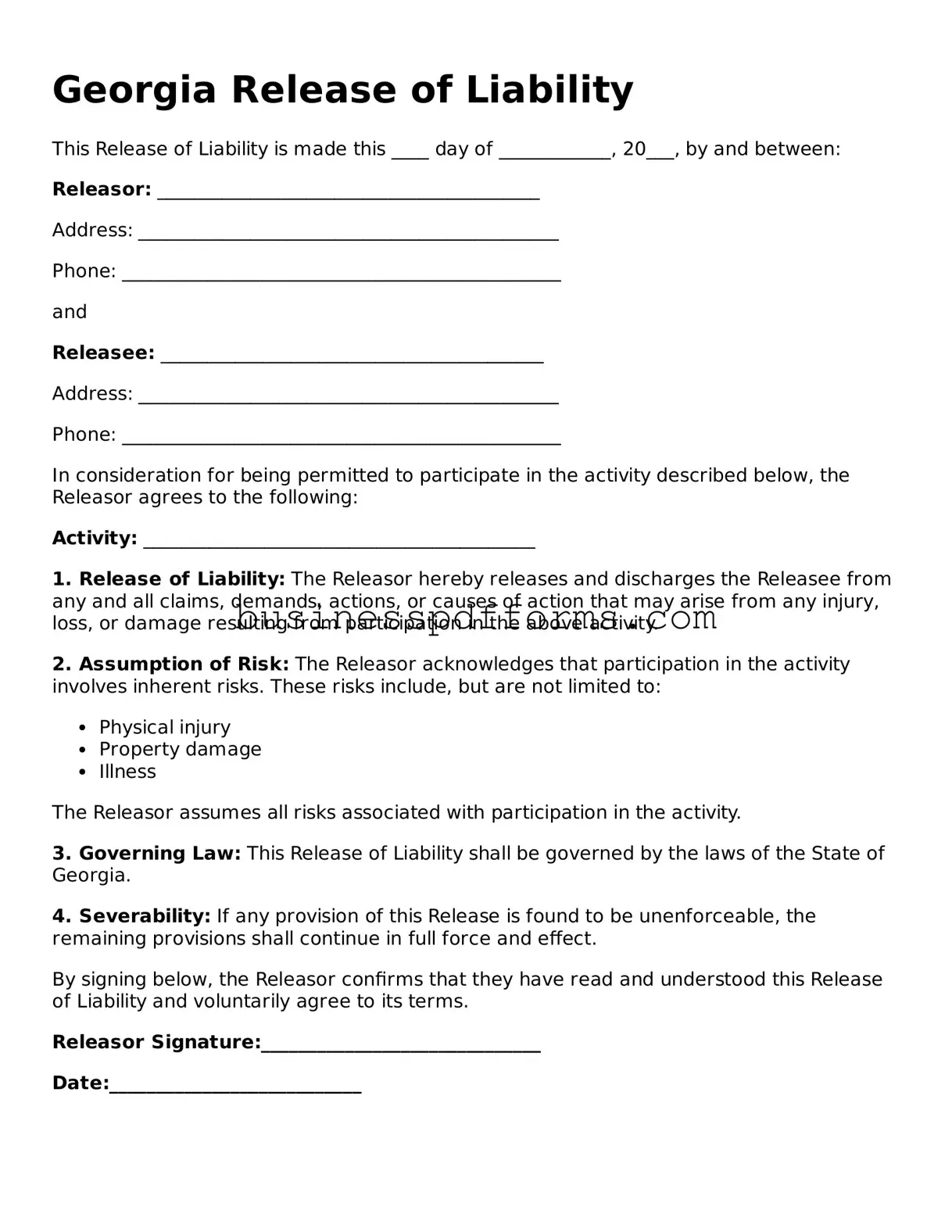 Free Georgia Release of Liability Template