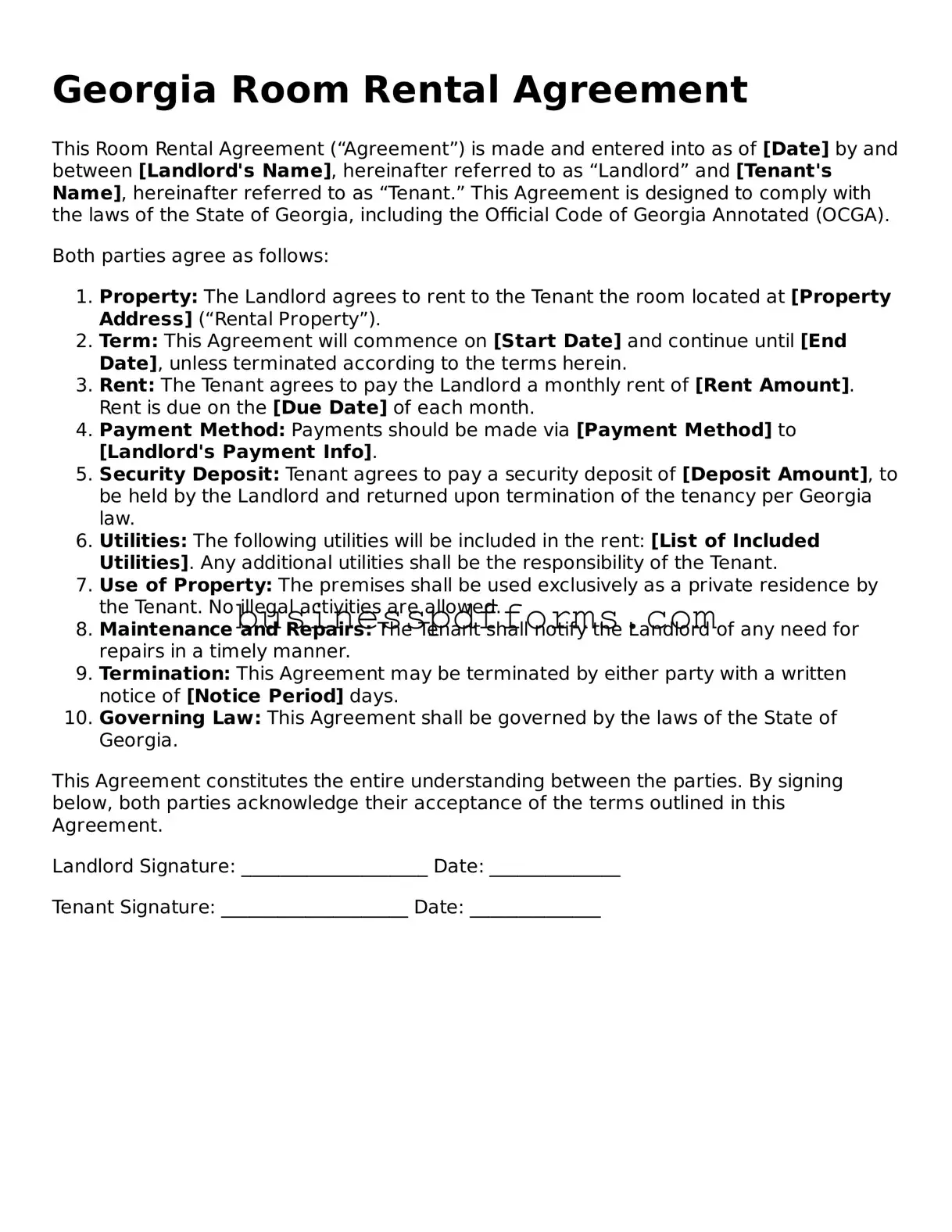 Free Georgia Room Rental Agreement Template