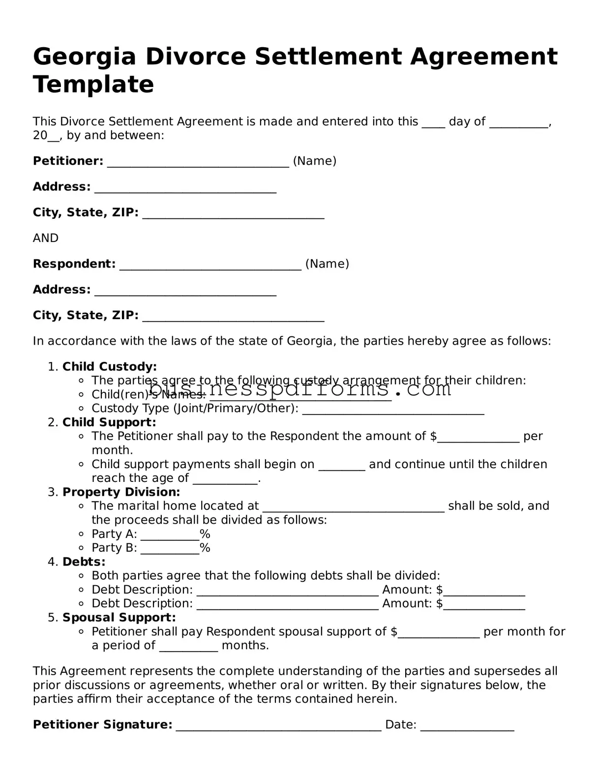 Free Georgia Divorce Settlement Agreement Template