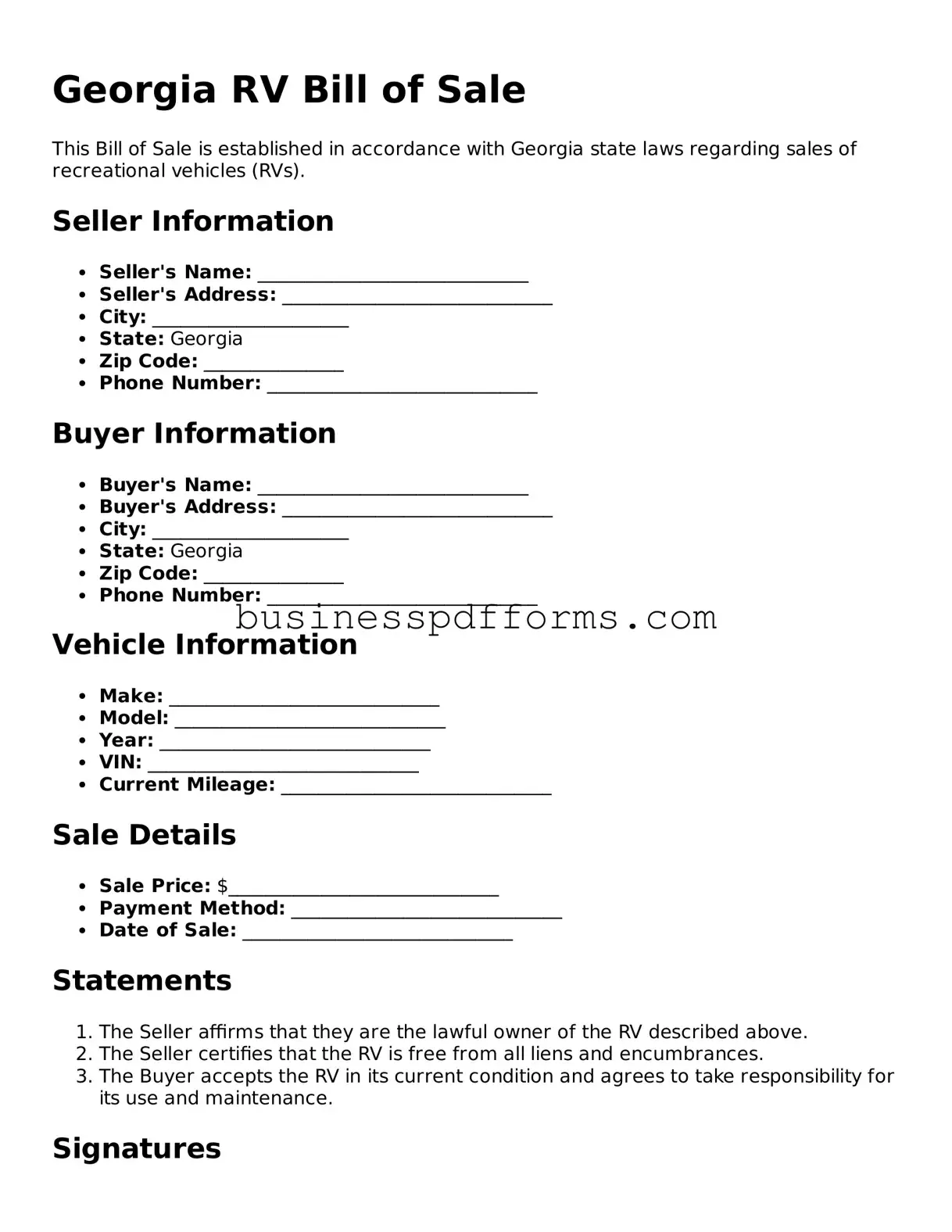 Free Georgia RV Bill of Sale Template