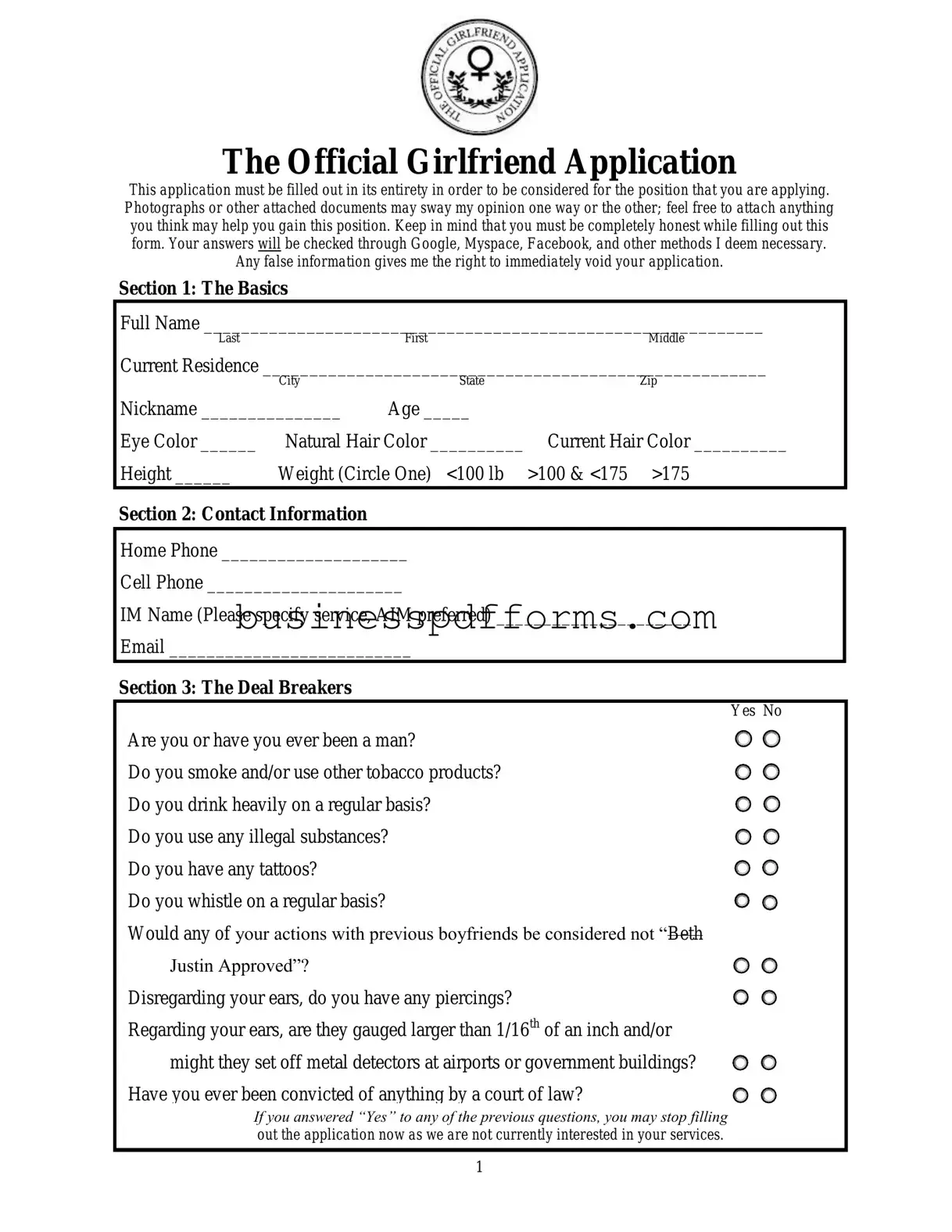 Fill in Your Girlfriend Application Template