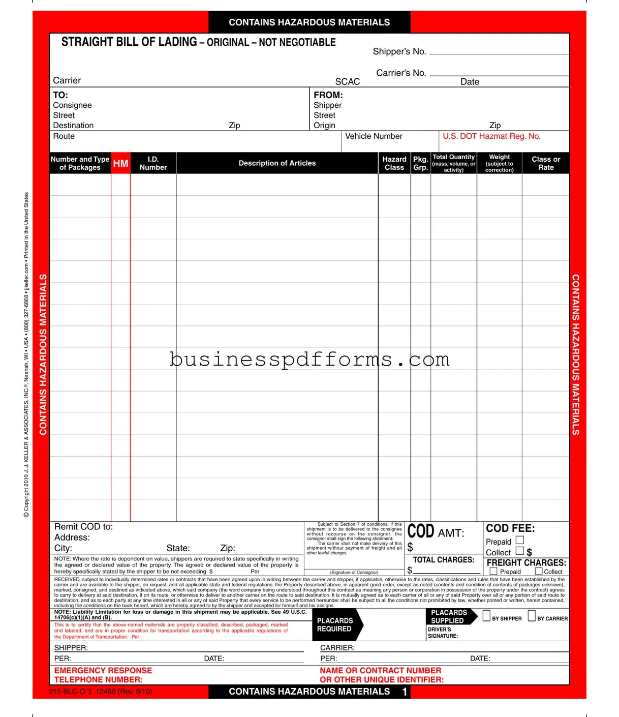 Fill in Your Hazard Bill Of Ladden Template