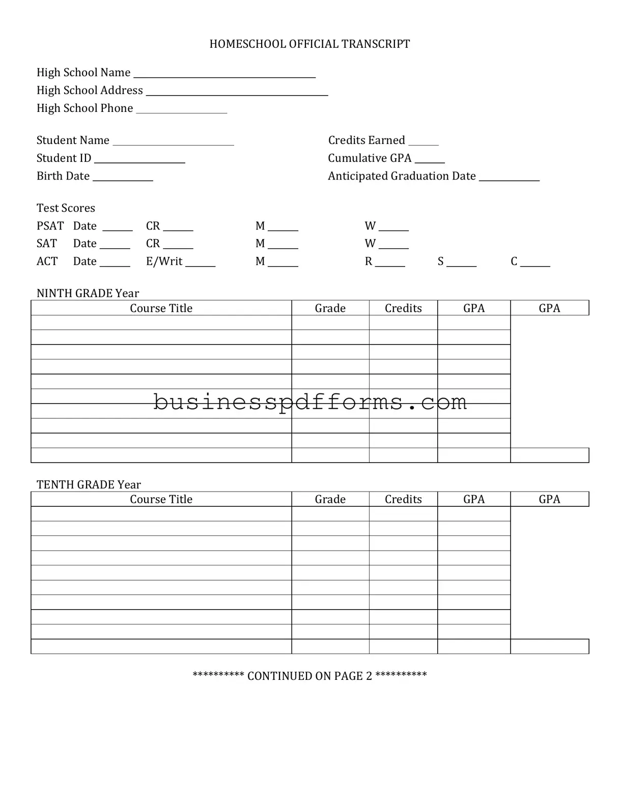 Fill in Your High School Transcript Template
