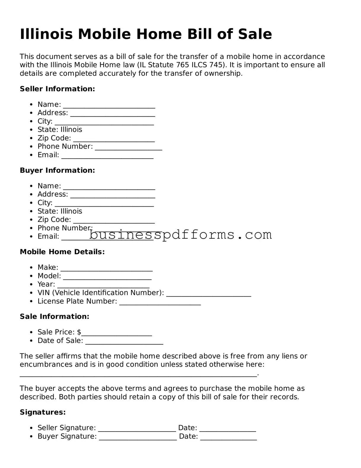 Free Illinois Mobile Home Bill of Sale Template
