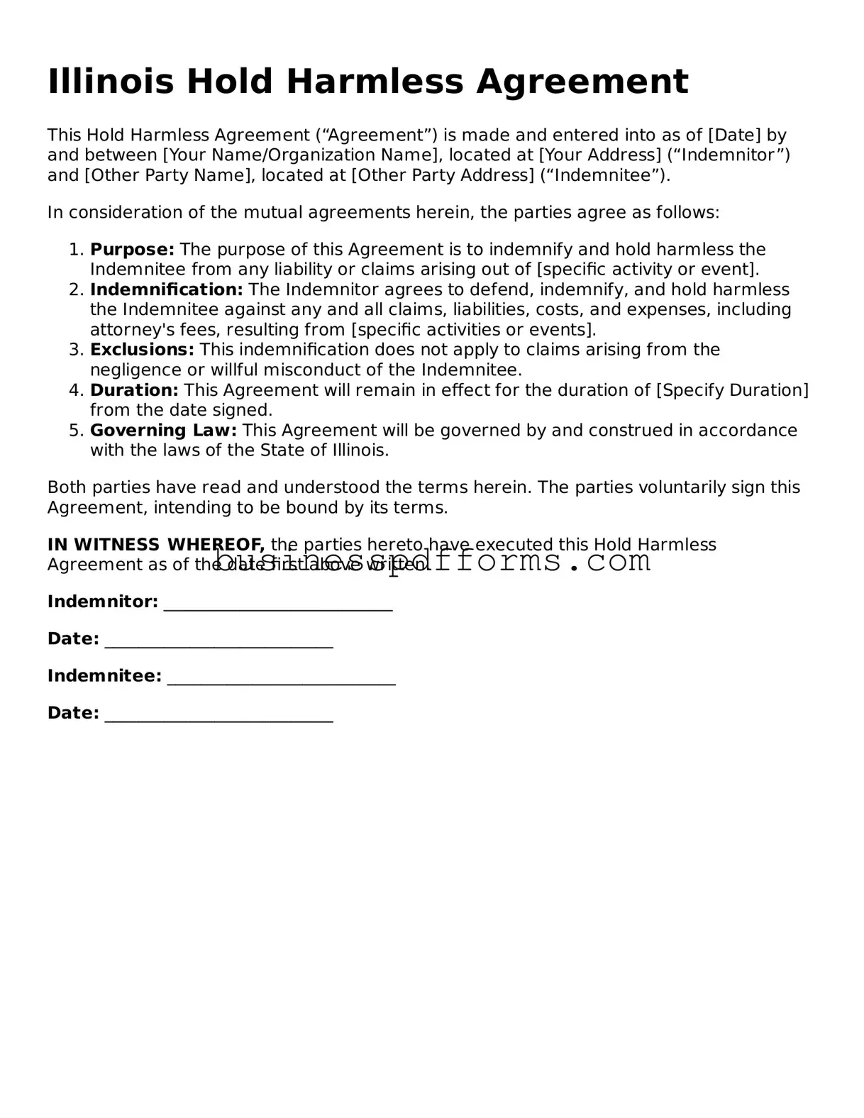 Free Illinois Hold Harmless Agreement Template