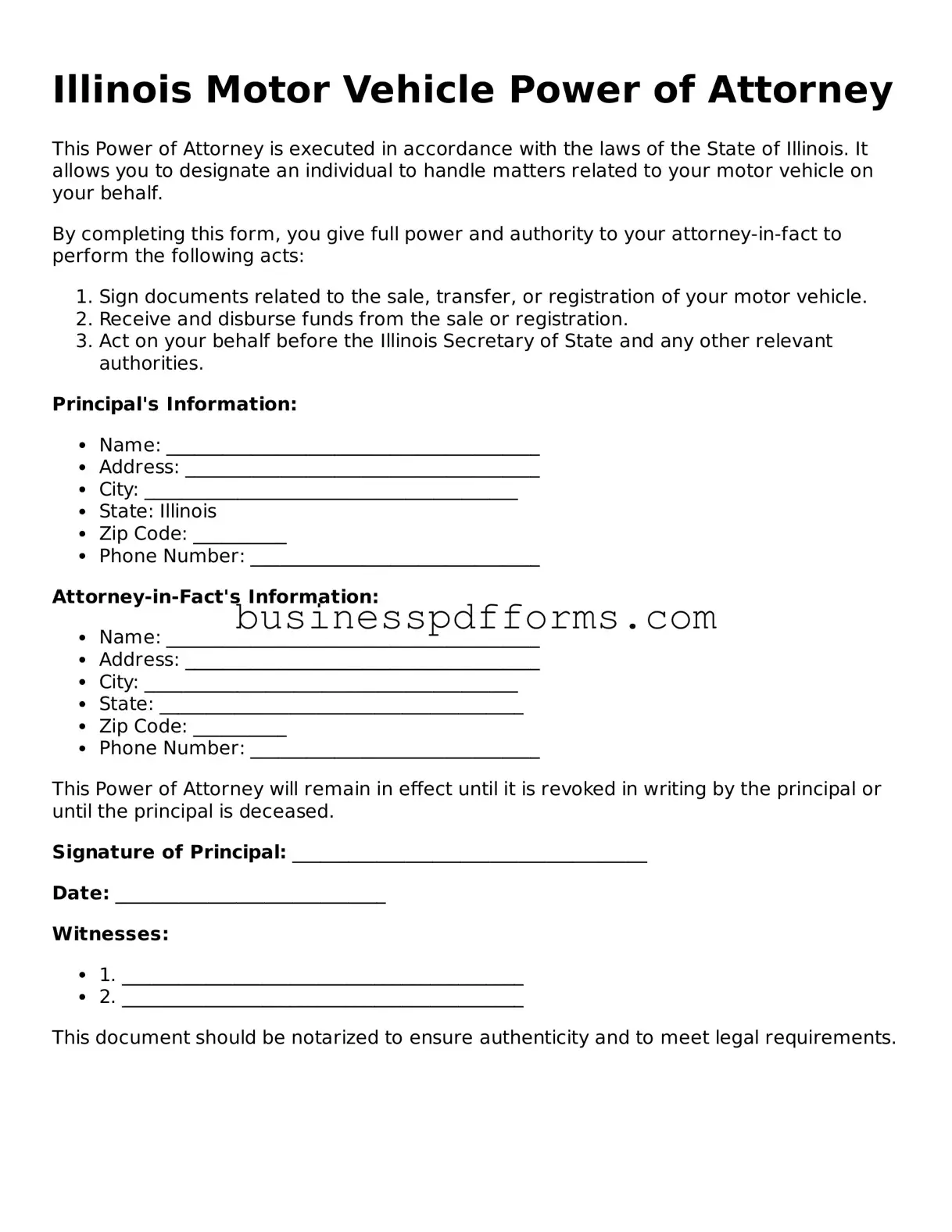 Free Illinois Motor Vehicle Power of Attorney Template