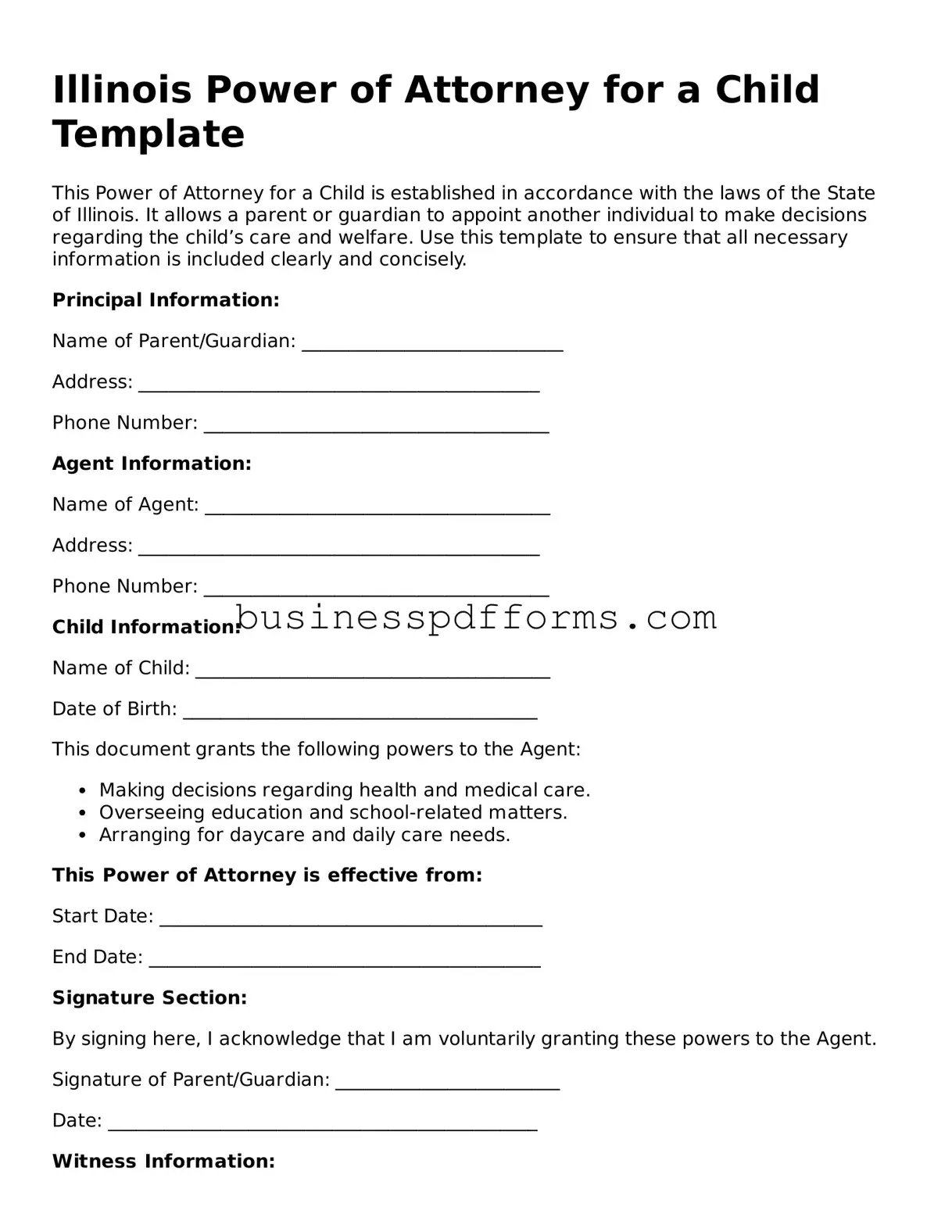 Free Illinois Power of Attorney for a Child Template