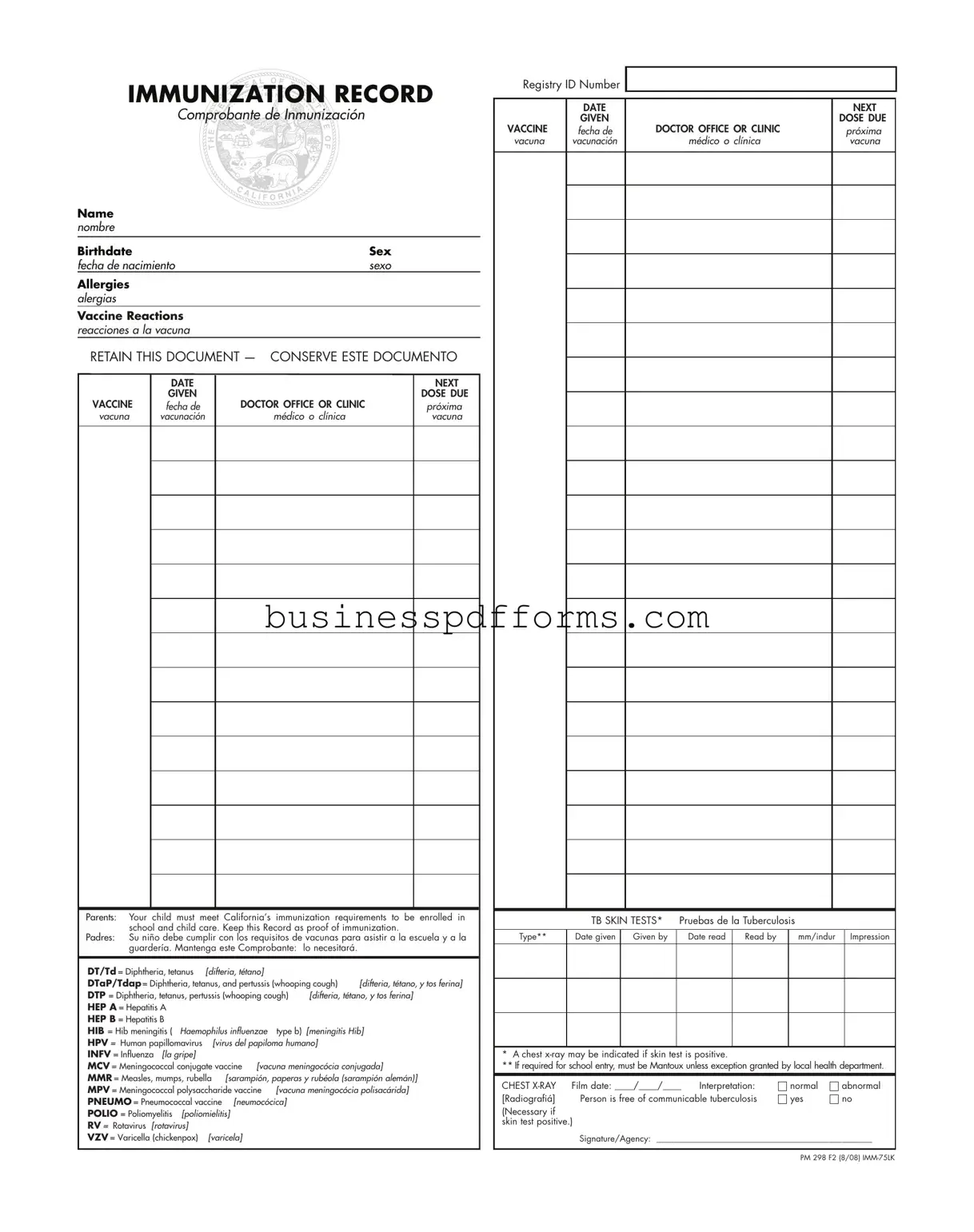 Fill in Your Immunization Record Template