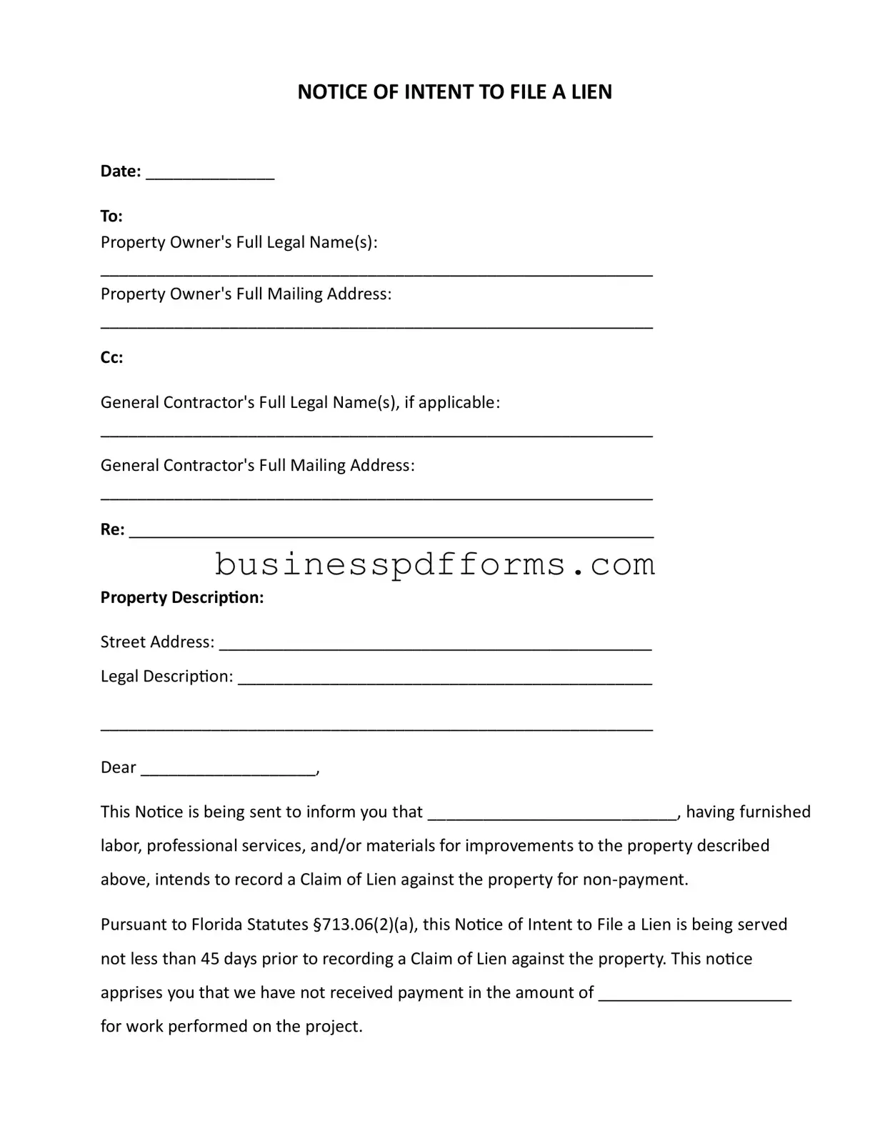 Fill in Your Intent To Lien Florida Template