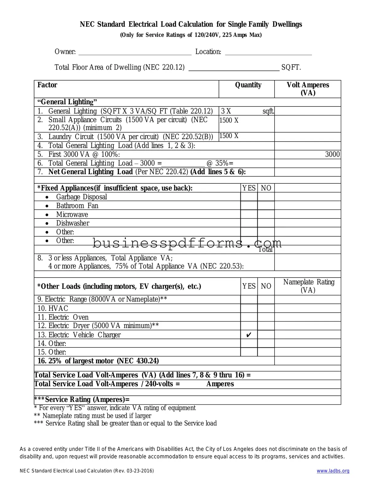 Fill in Your LADBS NEC Standard Electrical Load Calculation Template