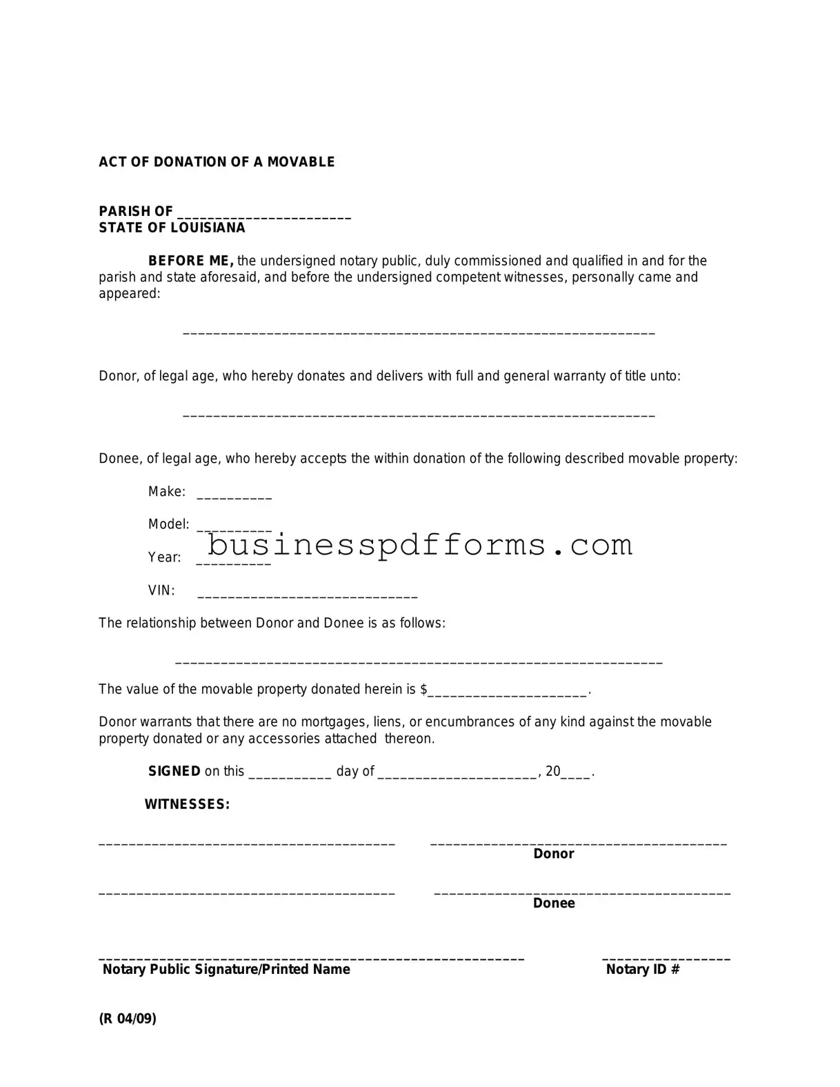 Fill in Your Louisiana act of donation Template