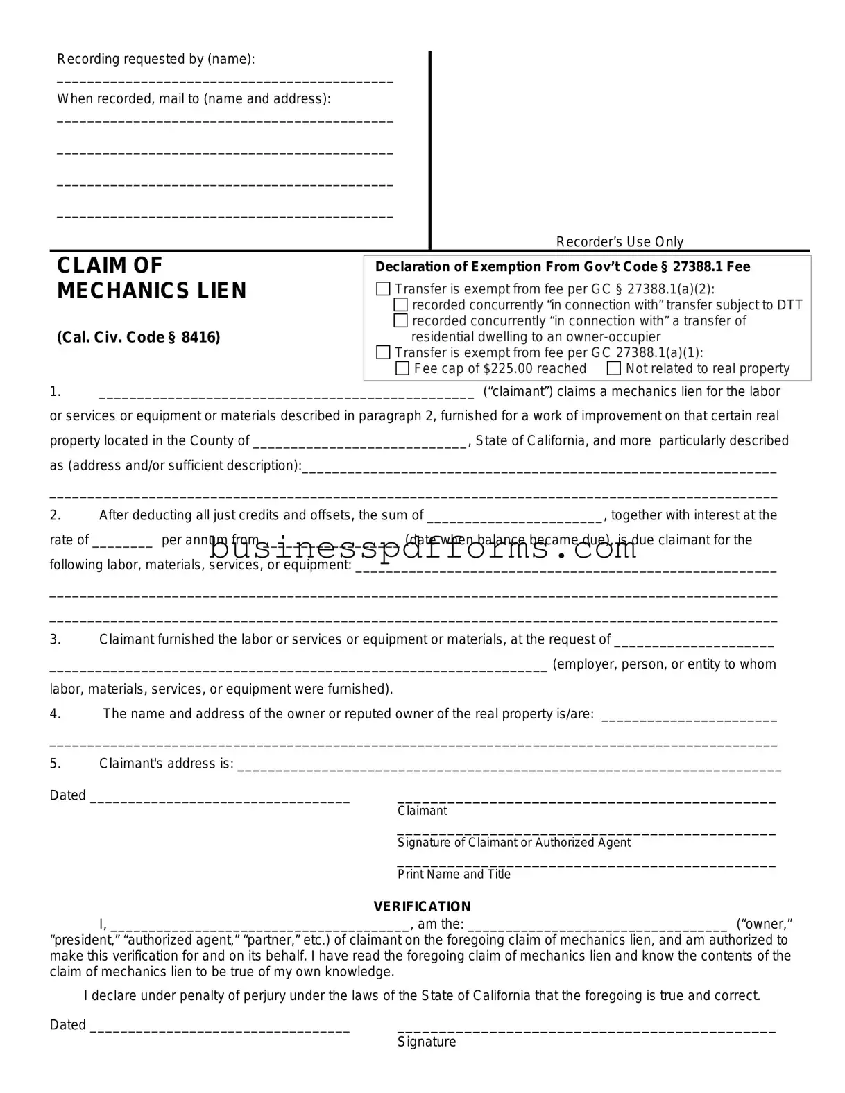 Fill in Your Mechanics Lien California Template