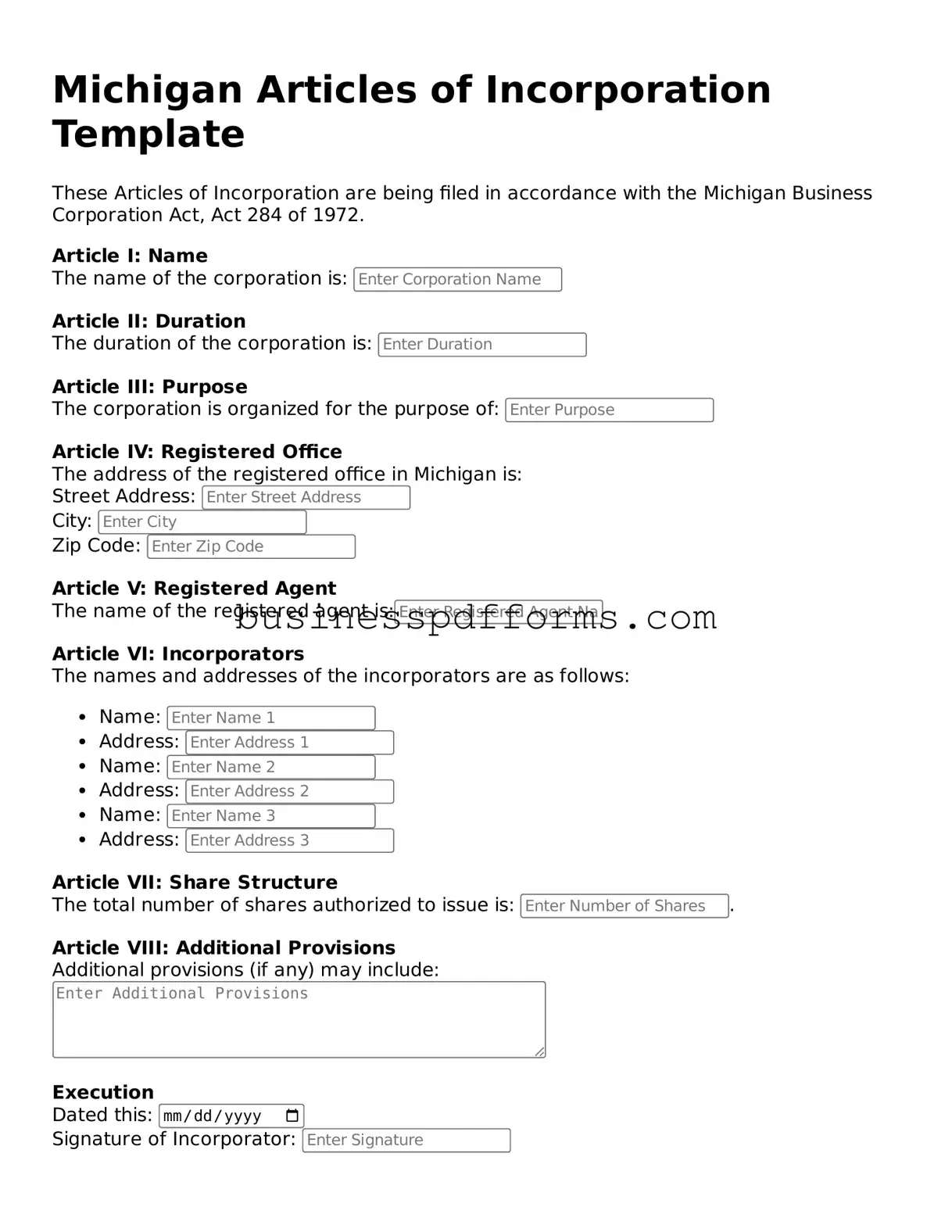 Free Michigan Articles of Incorporation Template