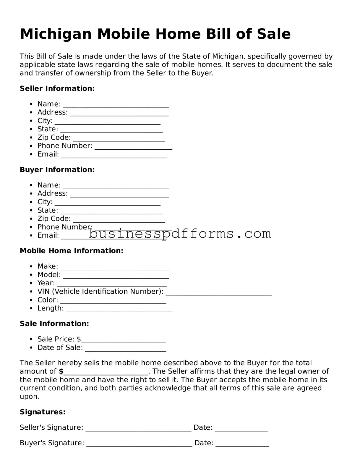 Free Michigan Mobile Home Bill of Sale Template