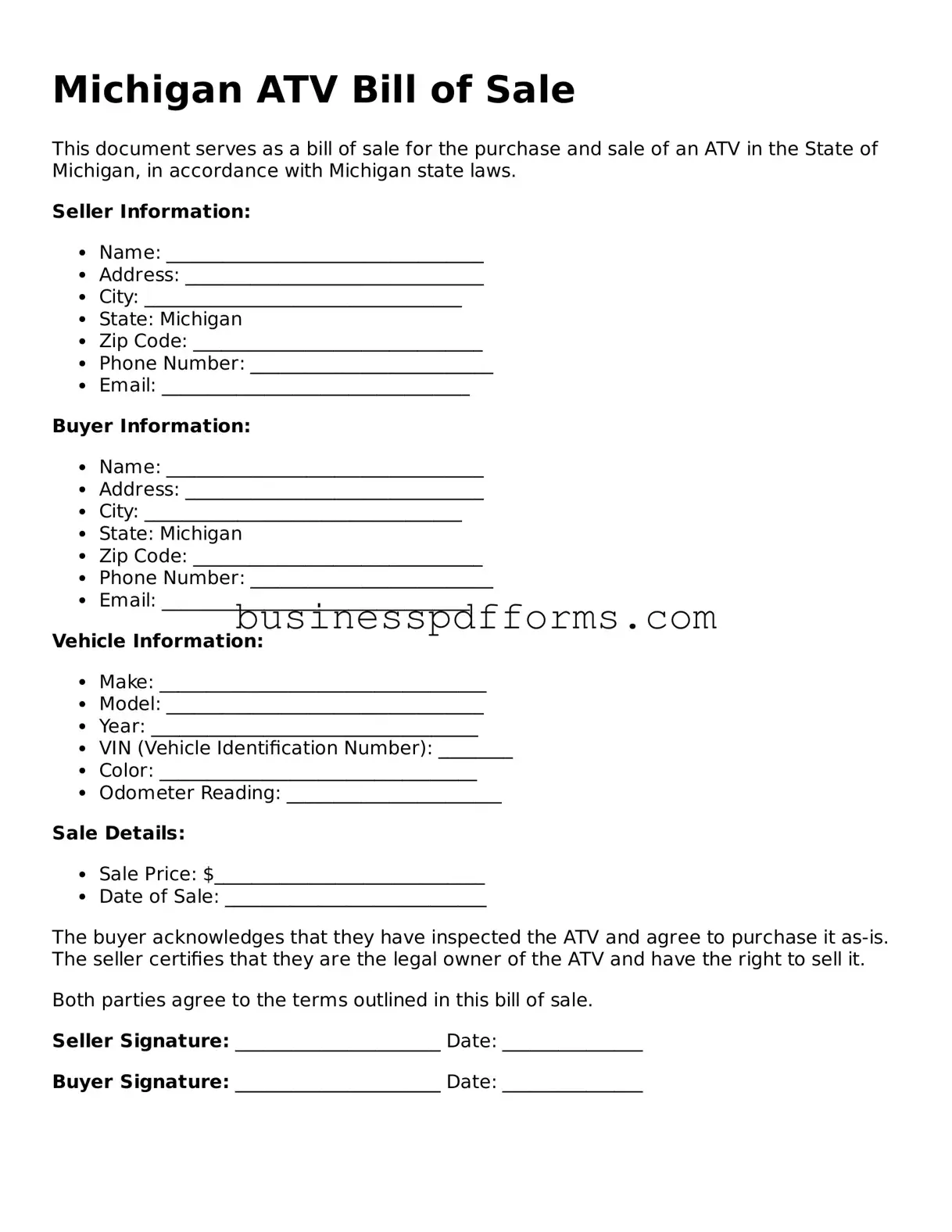 Free Michigan ATV Bill of Sale Template