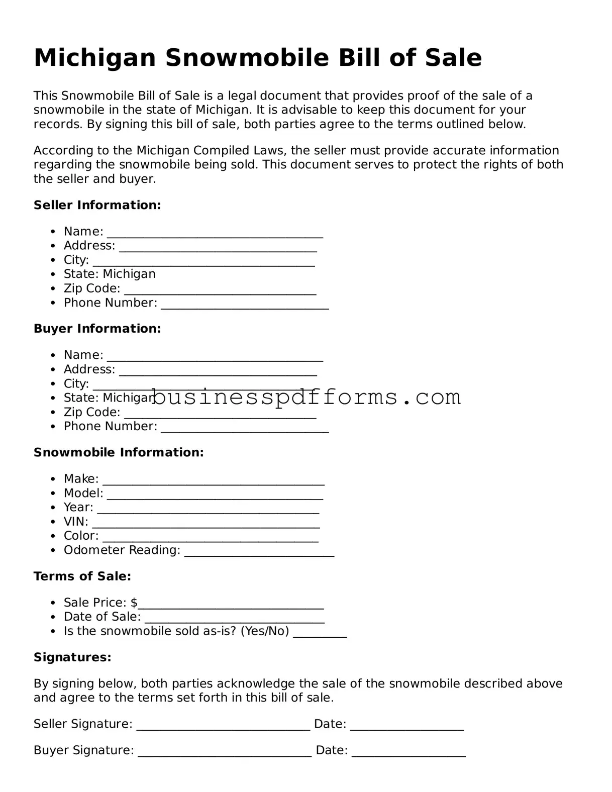 Free Michigan Snowmobile Bill of Sale Template