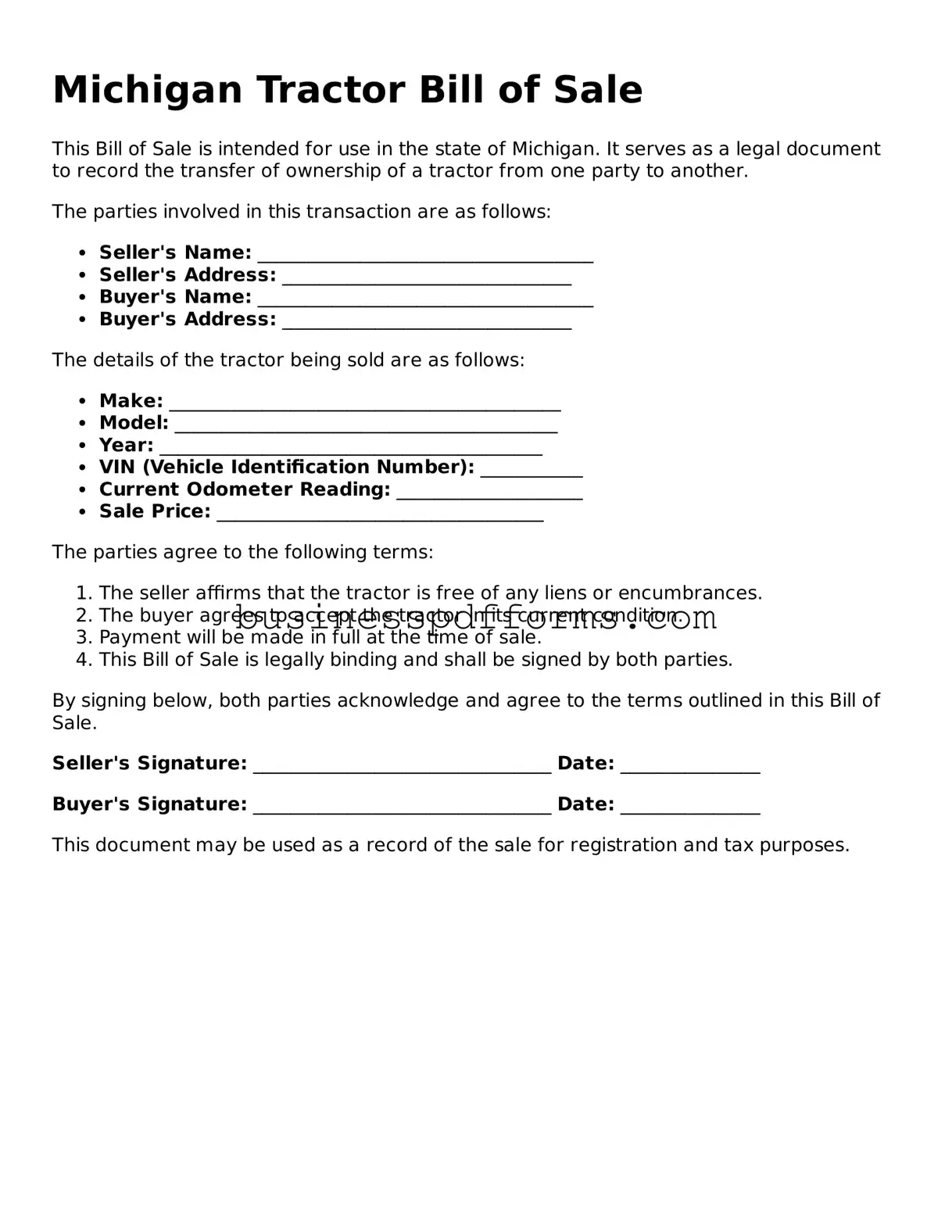 Free Michigan Tractor Bill of Sale Template
