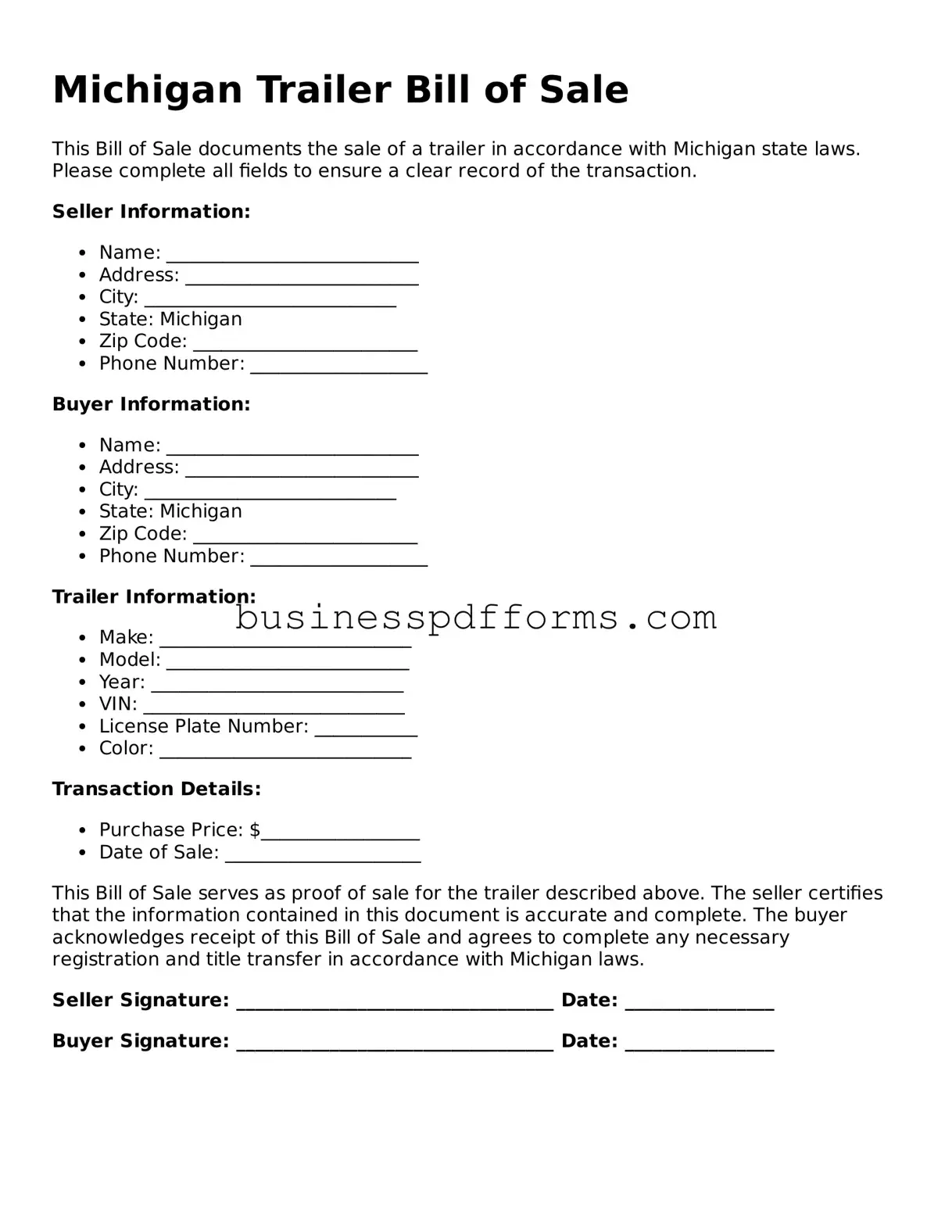 Free Michigan Trailer Bill of Sale Template